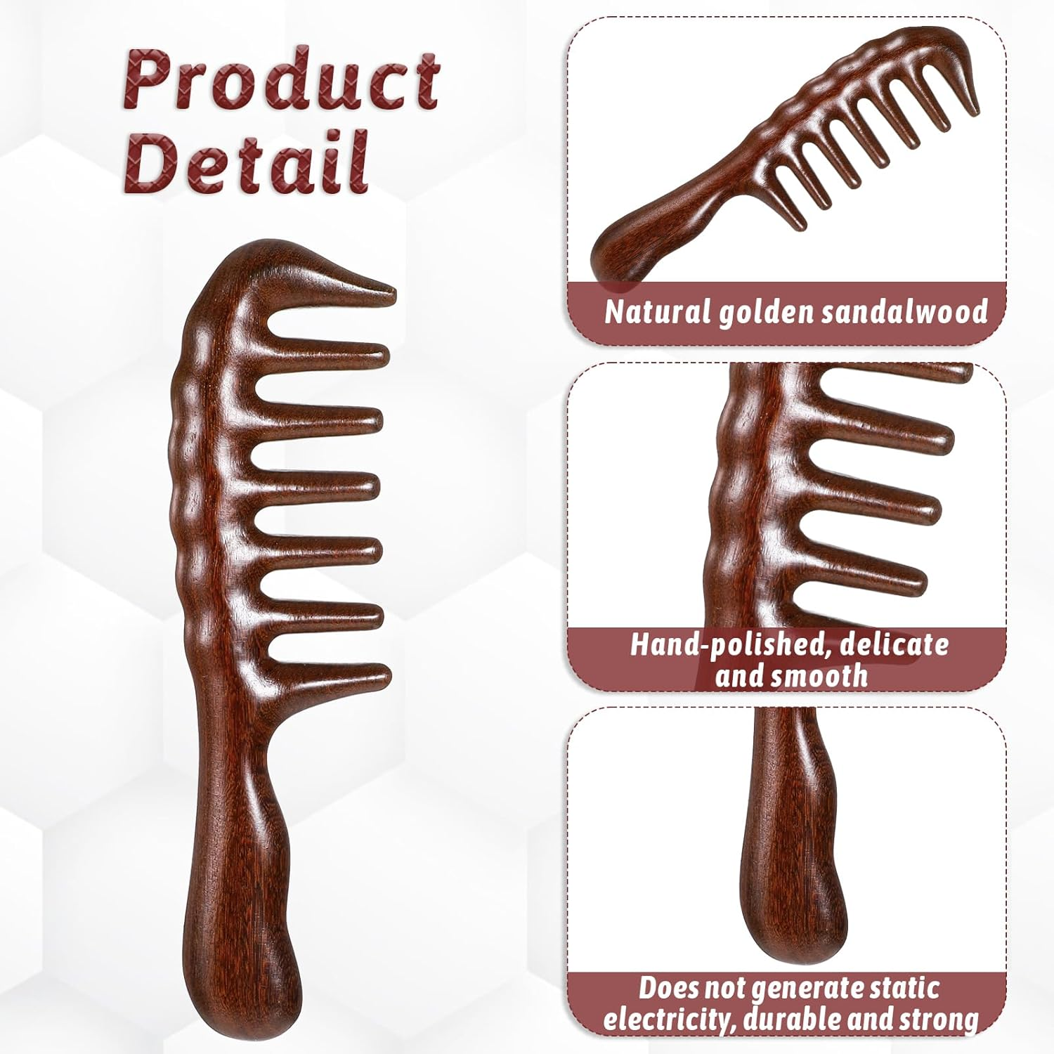 Sandalwood Wooden Comb Wide Tooth Comb Antistatic Wooden Comb Hair Golden Sandalwood Curling Comb with Storage Bag Beard Comb Hairdressing Comb Massage Hair Comb Travel Hair Detangler Brush for Men image number 6