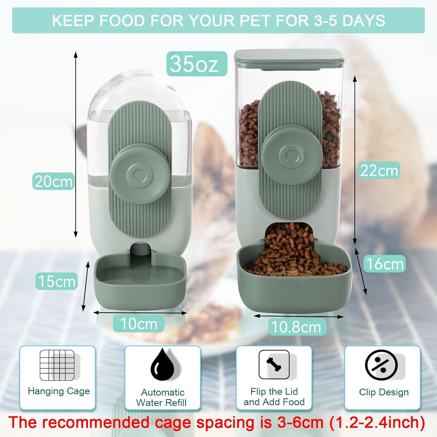 Hanging Automatic Food Water Dispenser,Gravity Rabbit Feeder Water Dispenser Set,Cage Cat Water Dispenser,Food Bowl for Bunny Guinea Pig Ferret Water Dispenser (Cage Grid Spacing over 1.2'') - Brown image number 5