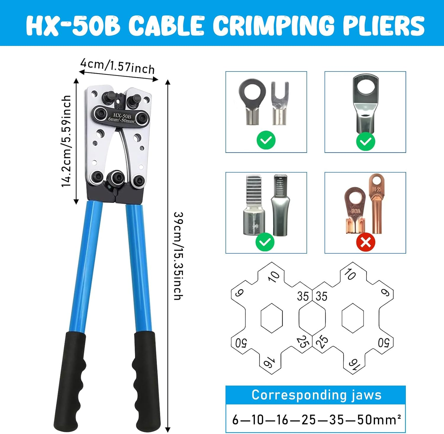 Pearyaest Battery Cable Lug Crimping Tool,For Heavy Duty Wire Lugs,Crimping Pliers for Battery Terminal 6-50Mm&sup2;,Wire Crimper for AWG 10-1/0 Electrical Lug,Awg Wire Cable Cutting and Crimping