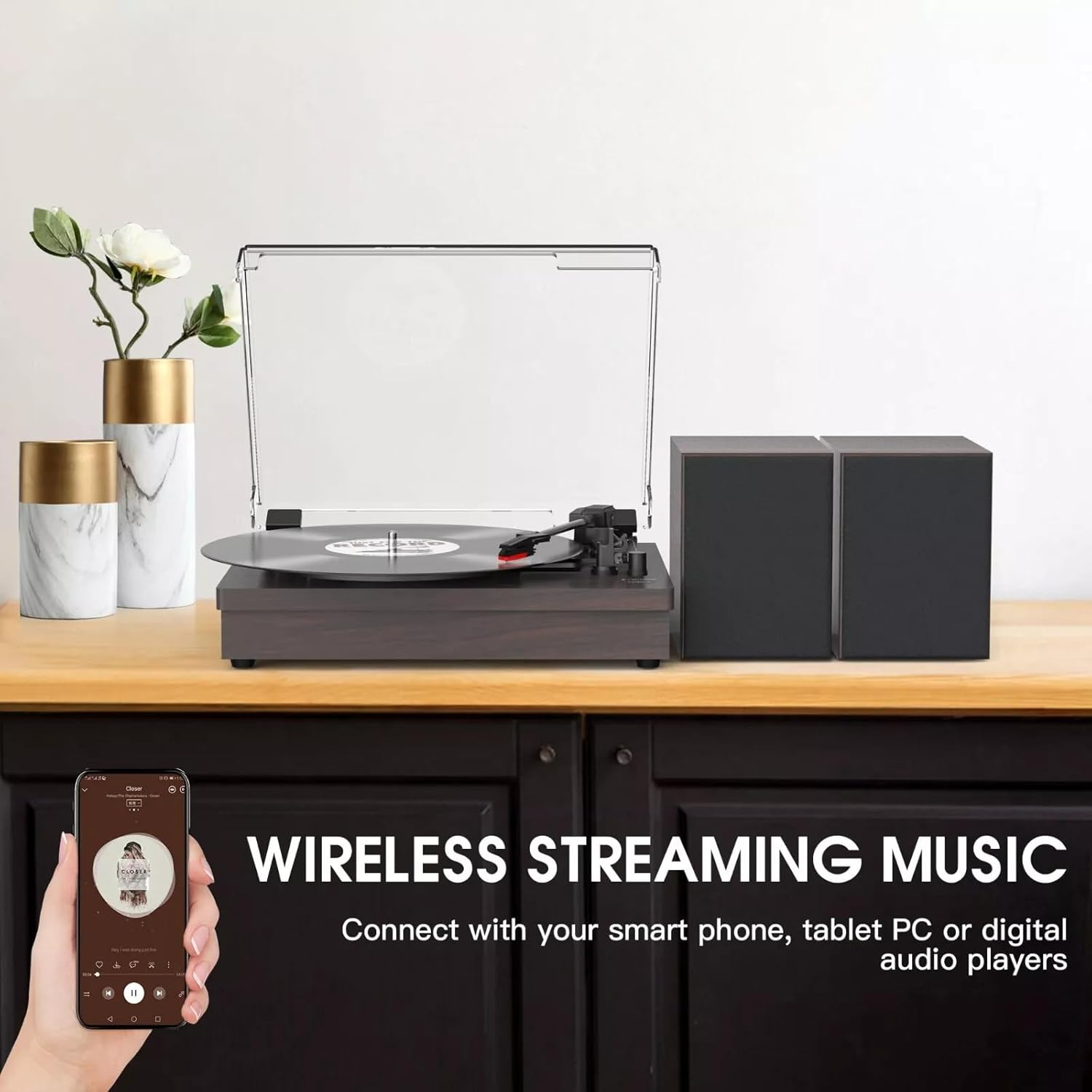 Black Retro Vinyl Record Player External Stereo Speakers Bluetooth, USB & AUX Input image number 4