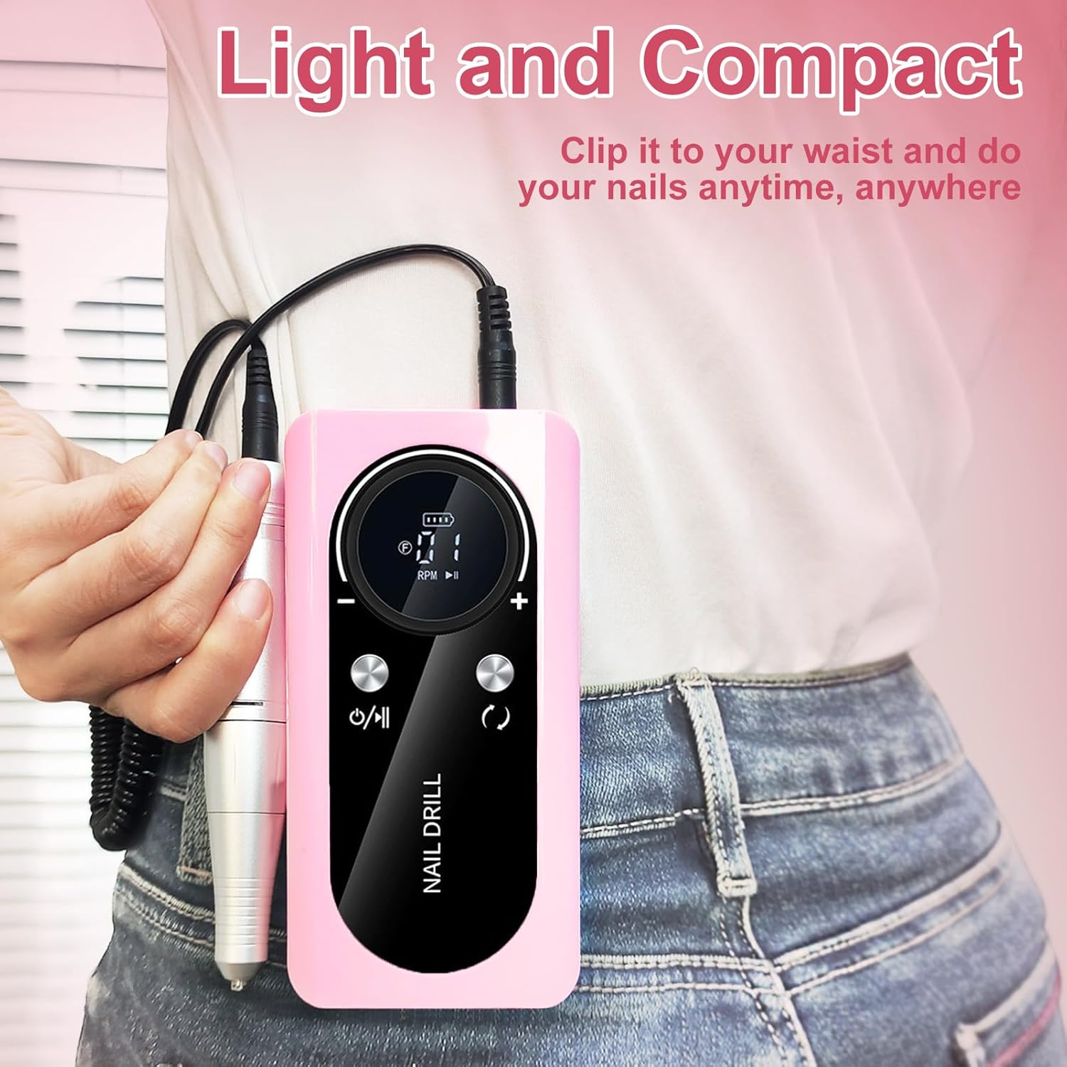 Oolong Nail Drill Machine 45000 RPM Rechargeable Electric Nail File E File 2000Mah Professional Acrylic Electric Nail Drill for Manicure Salon Home Acrylic Nails, Polishing, Manicure Pedicure Nail Tools,Pink image number 4