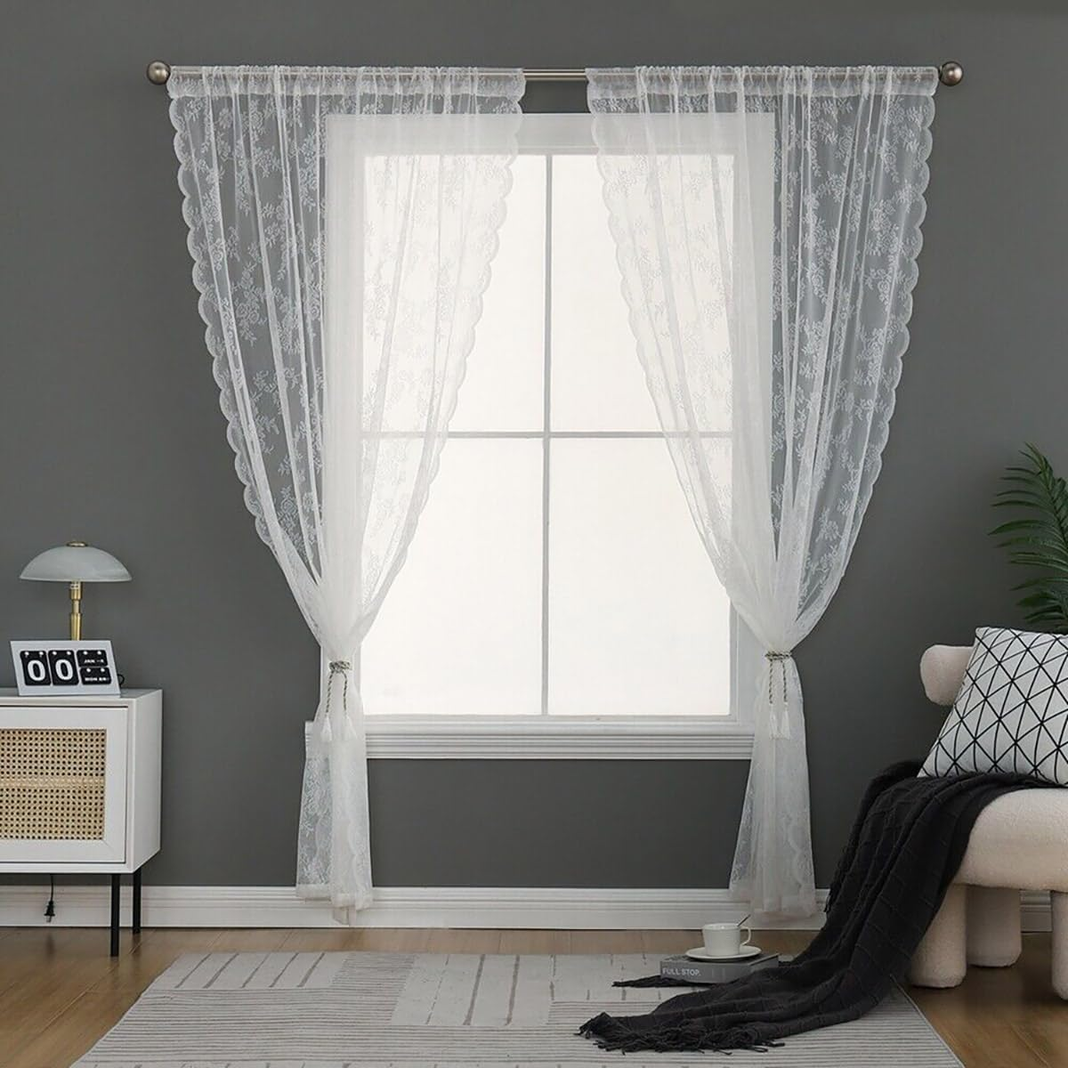 AIMALL Elegant White Lace Curtains, Punch-Free, Rod-Wearing Design, Ideal for Bedroom and Bay Windows image number 4