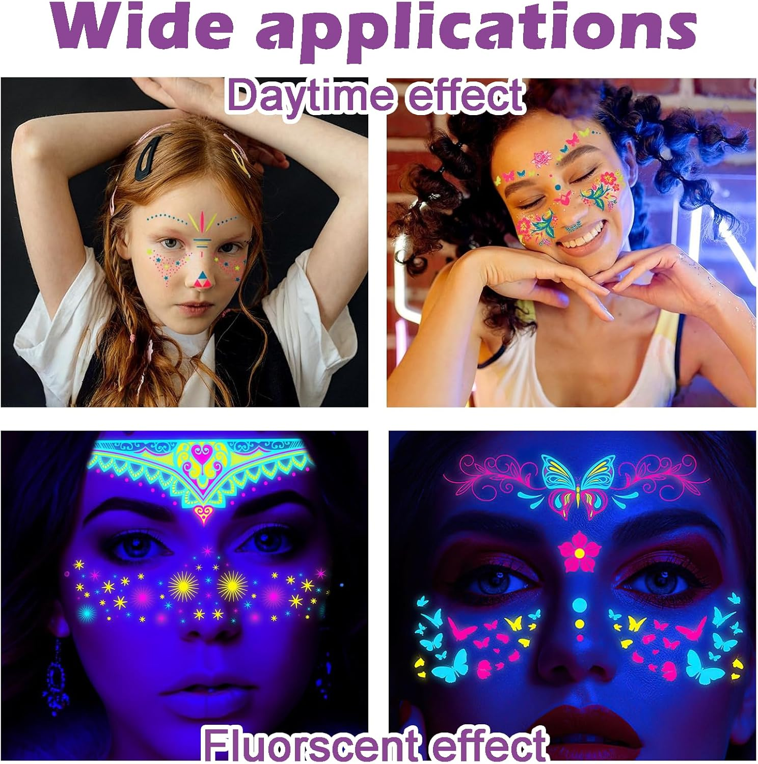 Treayes Glow in the Dark Temporary Tattoos, 8 Pcs Fake Tattoos Stickers, Fake Face Tattoos Stickers for Glow Party Adults Girls Women Festival Bar Party Supplies, Floral Body Paint Flowers Butterfly image number 1