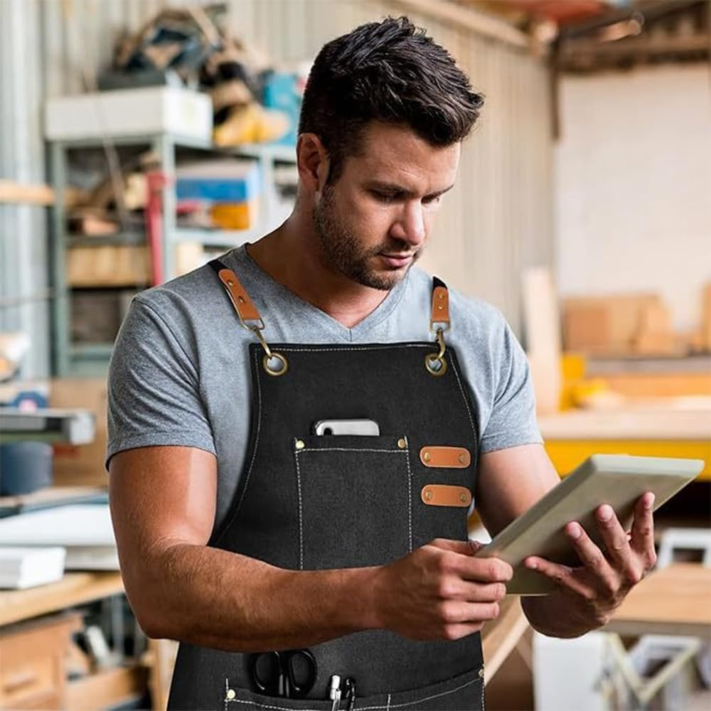 MTSDM Canvas Aprons, Work Aprons for Men Women, Adjustable Luxury Waxed Canvas Shop Apron Chef Aprons with 3 Pockets & Cross-Back Straps Tool Apron for Shop, Garden, Restaurant, Bartender, Barista image number 2