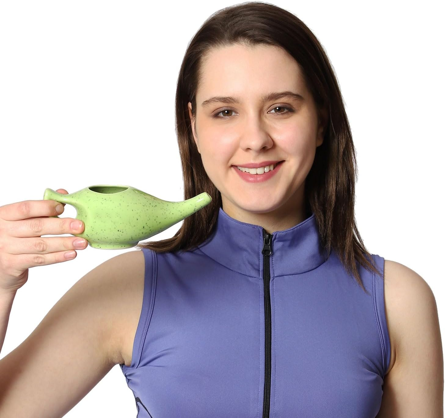 Healthgoodsau - Freckle Pattern Green Ceramic Neti Pot for Nasal Cleansing, 225 Ml Capacity, Dishwasher Safe image number 1