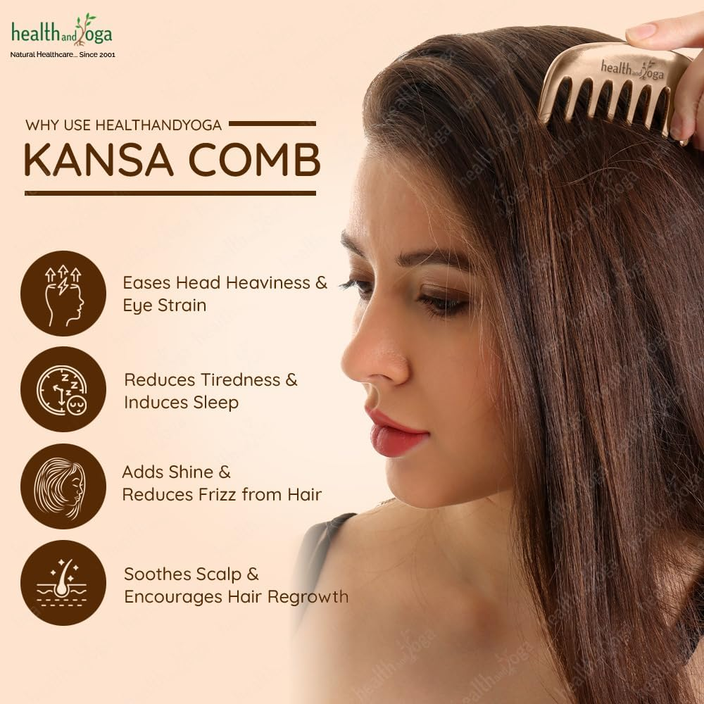Healthandyoga Kansa Comb - Ayurvedic Healing Bronze Metal Hair Care Accessory - Detox Head Massage - Smoothens Hair, Clears Dandruff, Tones Scalp, Revitalises Hair Roots,Boosts Hair Regrowth, Relaxes image number 6
