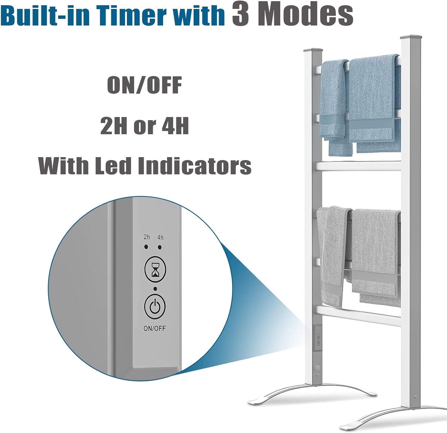 Electric Towel Warmer Rack 6-Bar Standing Heated Rail with Timer Electric Free-Standing Towel Rack 53.5L*35W*90H Cm image number 5