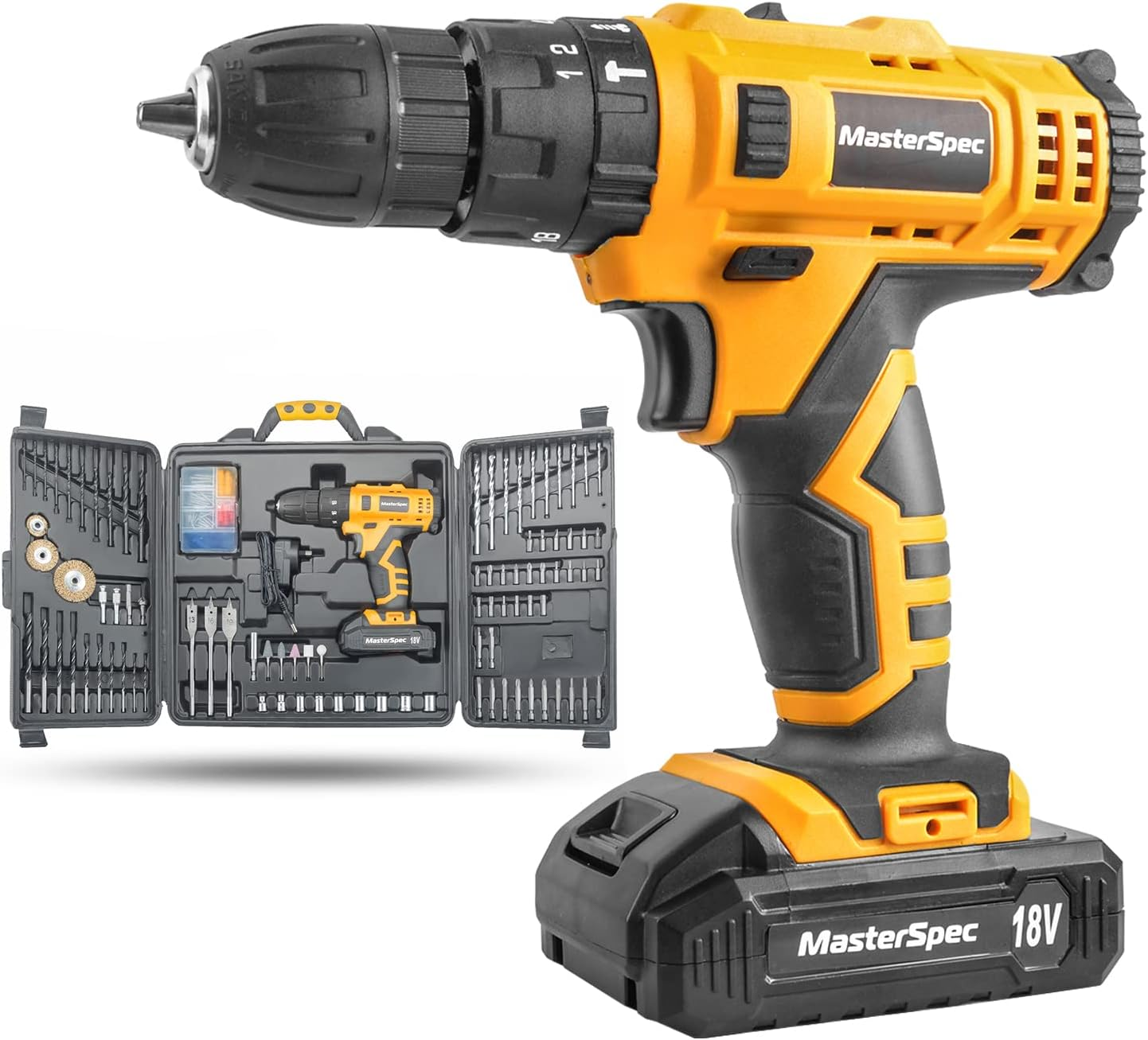 Masterspec 92 PCS Power Tool Kit 18V Cordless Hammer Drill Screw Flap Bits Sockets Set Multifunctional 18+1 Torque Variable Speed Electric Power Drill with Carrying Case image number 6