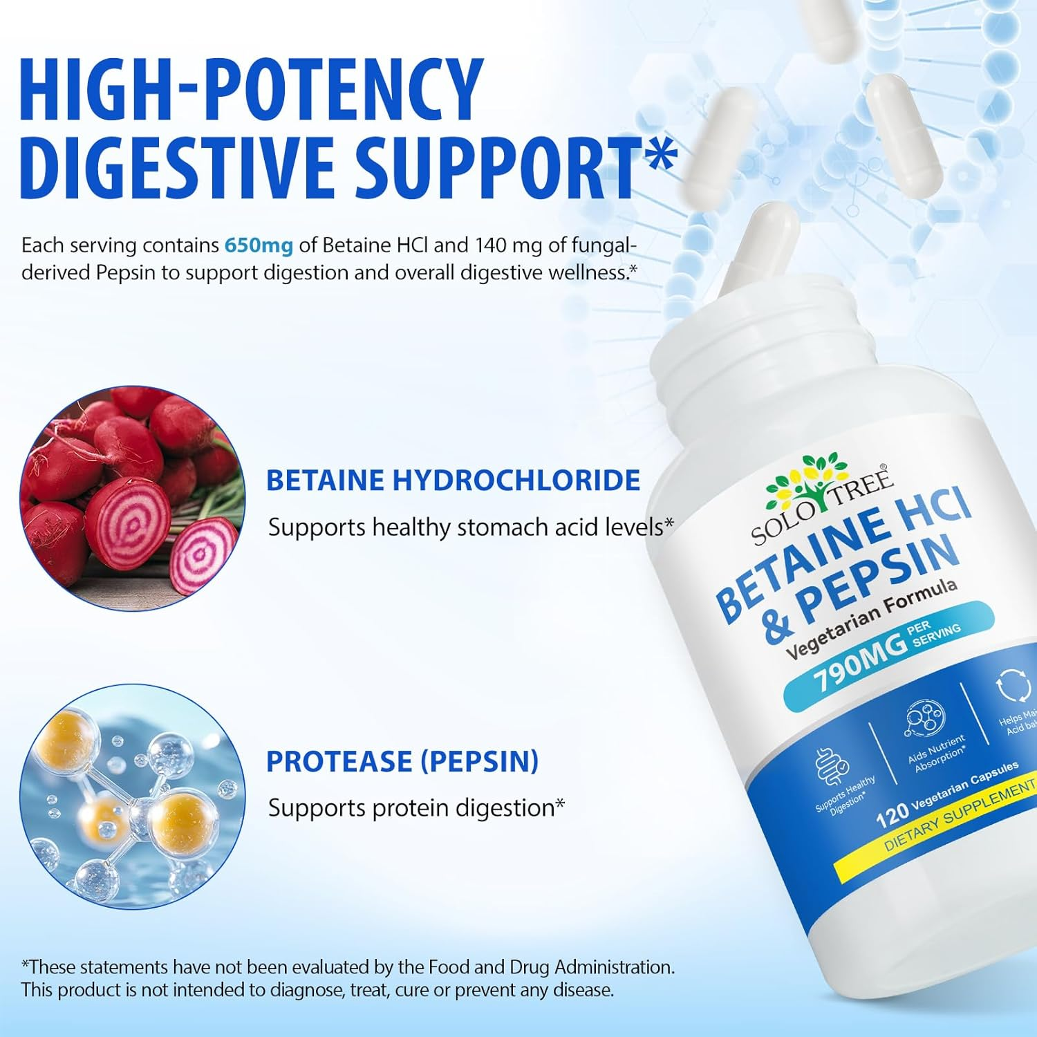 Betaine Hcl with Pepsin | 790Mg per Serving | Plant-Based Acid-Stable Enzyme | Vegetarian Formula | 120 Capsules image number 5