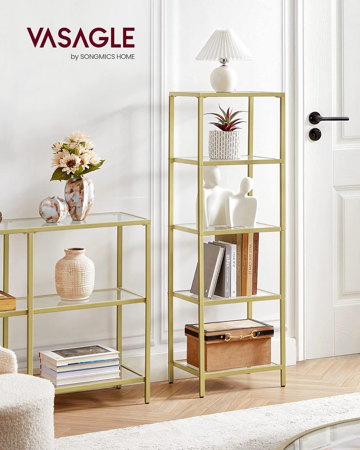 VASAGLE Bookcase, 5-Tier Bookshelf, Slim Shelving Unit for Bedroom, Bathroom, Home Office, Tempered Glass, Steel Frame, Metallic Gold ULGT029A01 image number 5