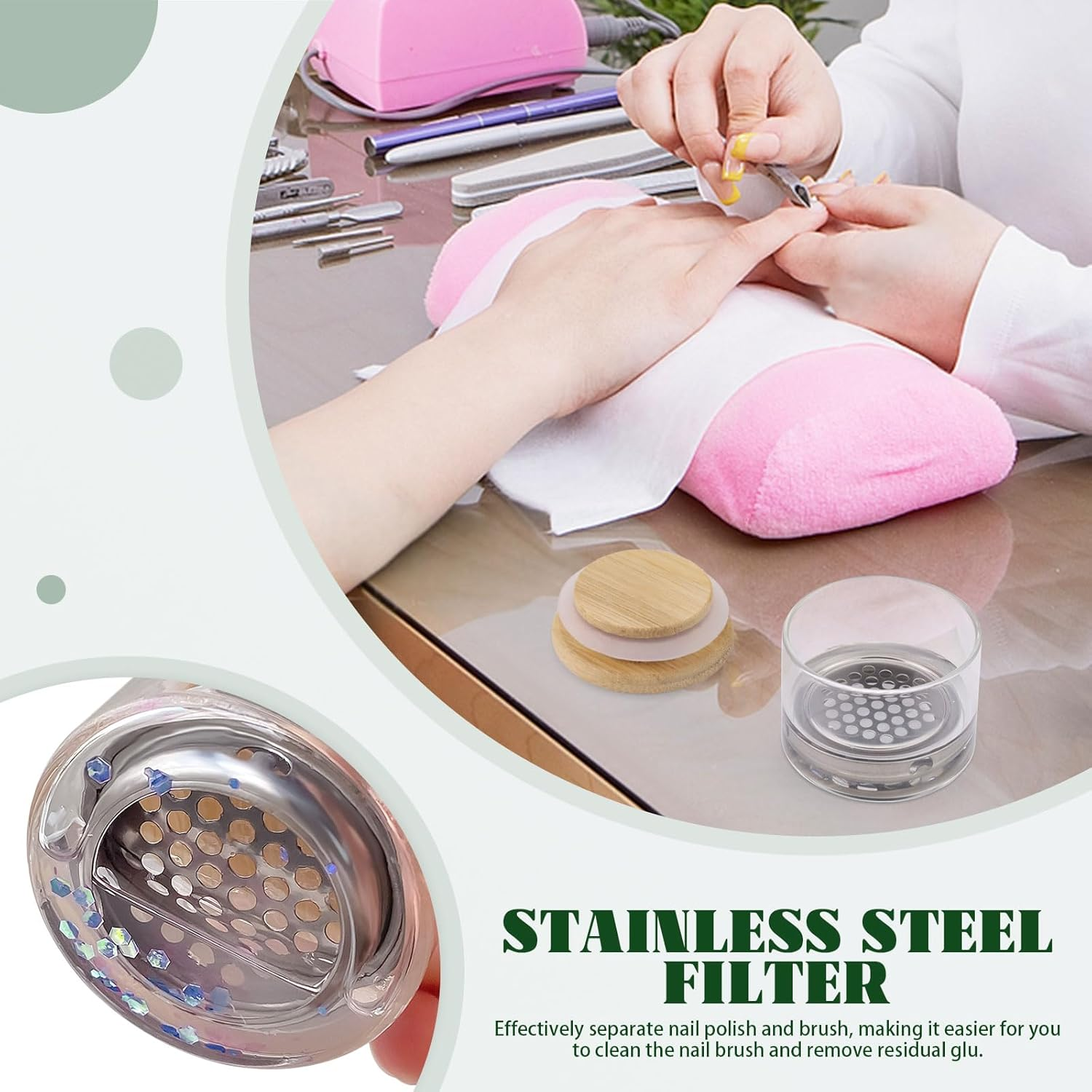 Diakey 4 Pack Acrylic Nail Brush Cleaner Dappen Dish with Lid, Mesh Layered Nail Art Brush Monomer Liquid Wash Cup Glass Removal Jar for Sequins Glitter Powder, 3.8Cm High - 5.6Cm High image number 4