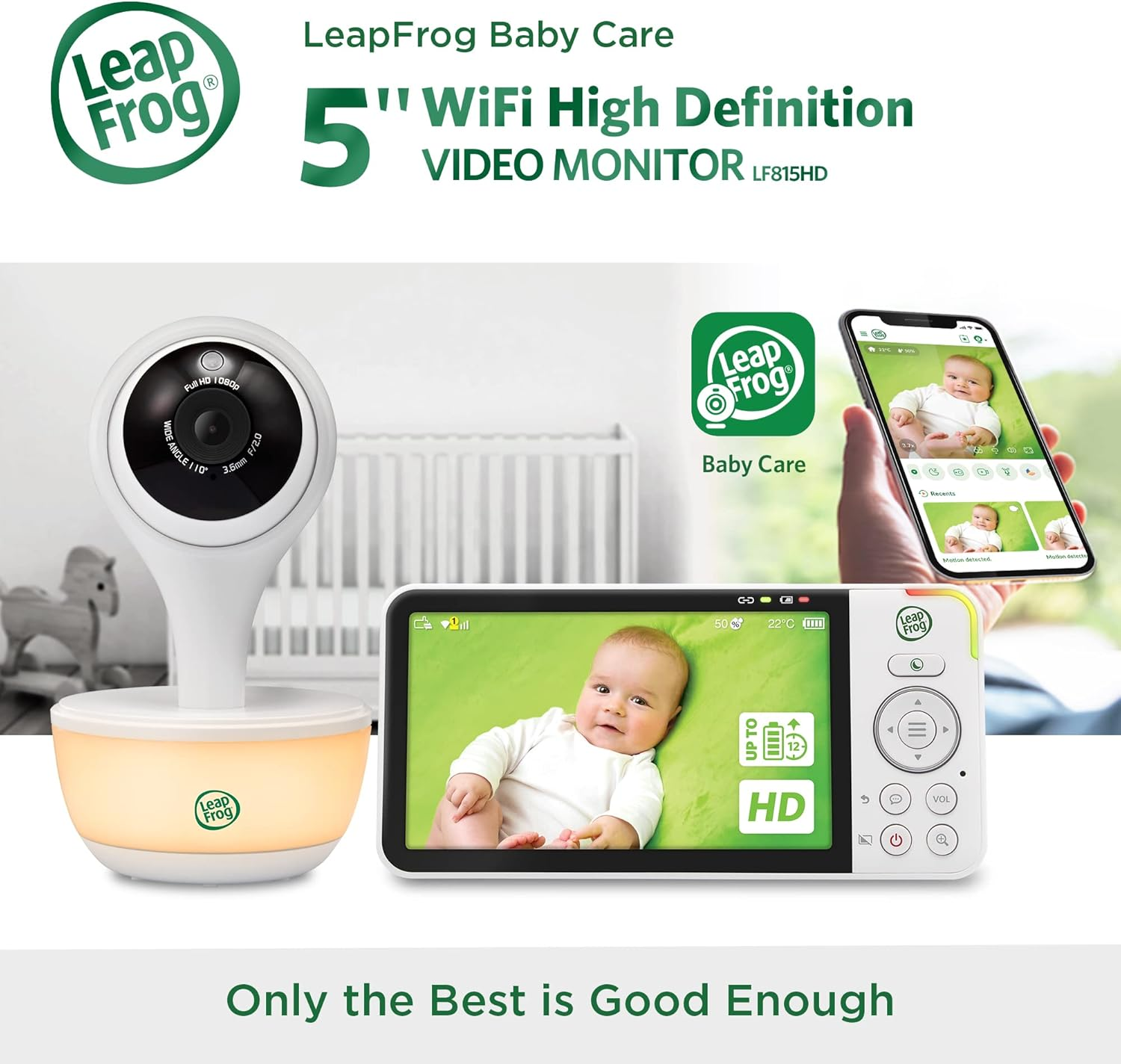 Leapfrog LF815HD 5'' Wi-Fi HD Video Baby Monitor with Remote Access, Colour Night Vision, Night Light, 2-Way Talk, Soothing Sounds, Temp/Humidity/Motion Sensor, up to 12 Hours Battery Life image number 6