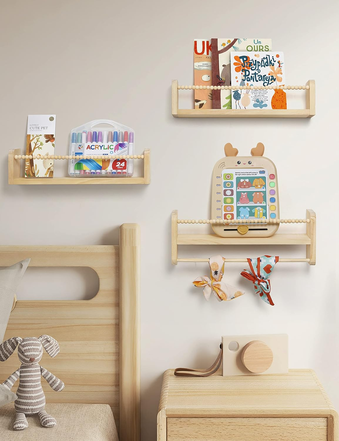 Nursery Floating Shelves for Wall, Set of 3 Book Shelves Natural Wood Wall Mounted Organizer with Towel Bar Hanging Bookshelves Nursery Decor for Kids Room, Bedroom and Kitchen image number 3