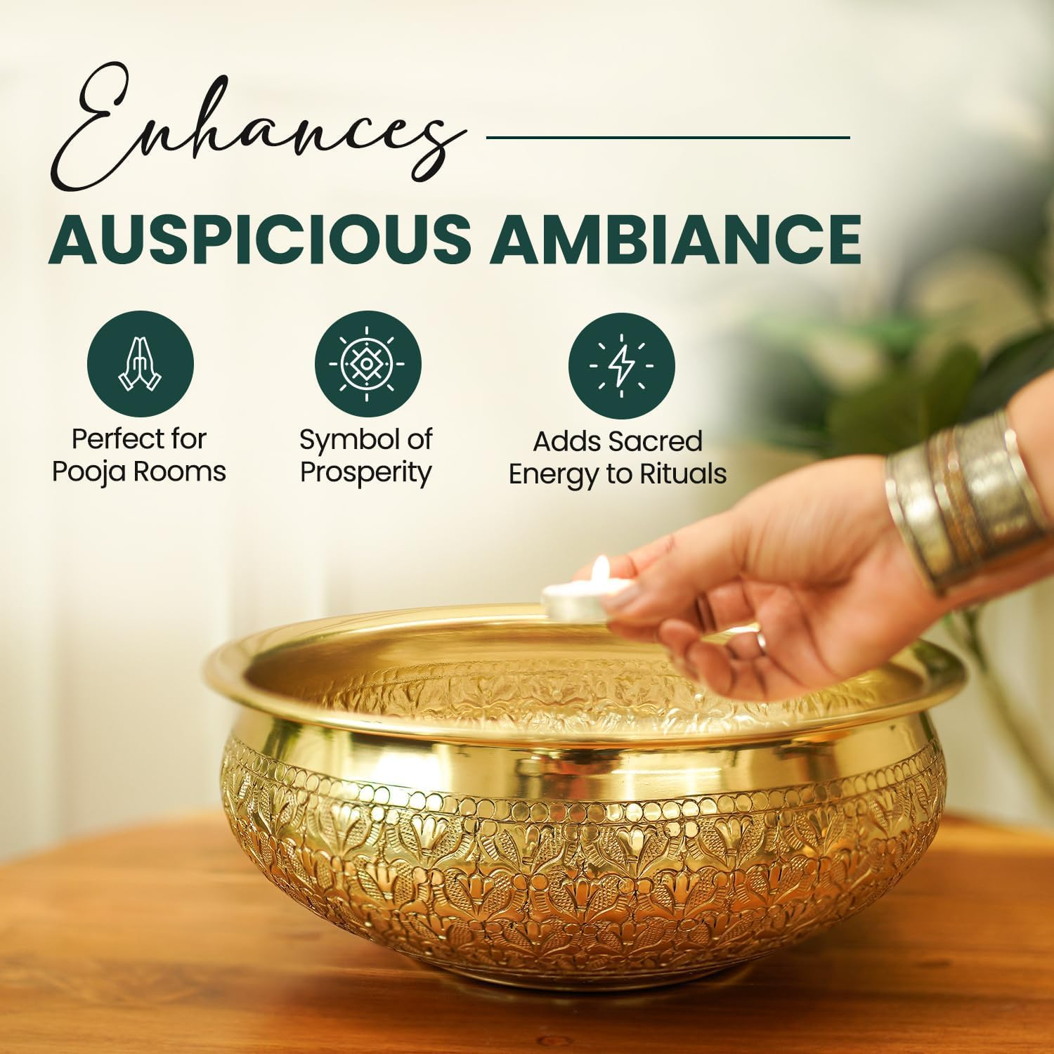 Indian Impressions | Modini Embossed Urli Gold | Handcrafted Aluminium Decorative Aluminiumtray | Home D&eacute;cor, Festive Decoration, and Gifting | Ideal for Home and Office image number 5