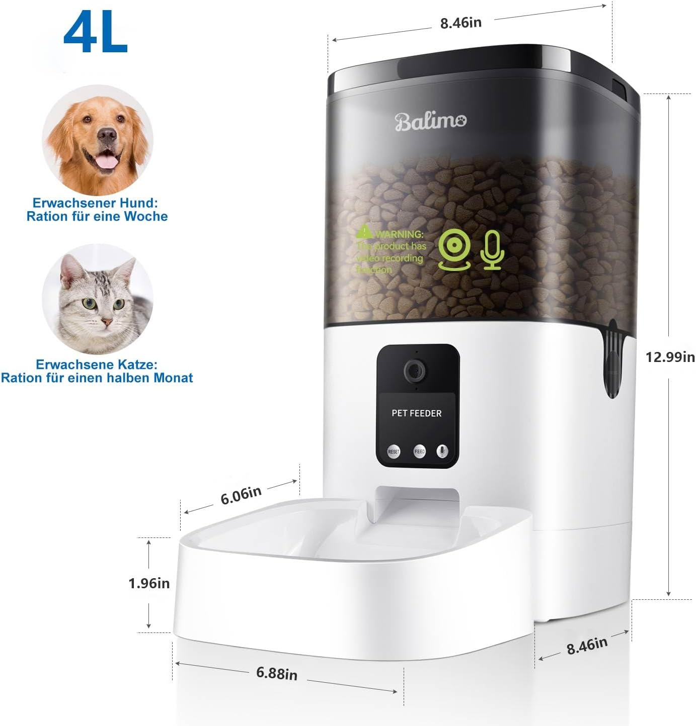Balimo Automatic Cat Feeder with HD 1080P Video, 4L Wifi Automatic Cat Feeder with App Control & Night Vision, up to 20 Servings and 8 Meals per Day (Only 2.4G Wifi) image number 1