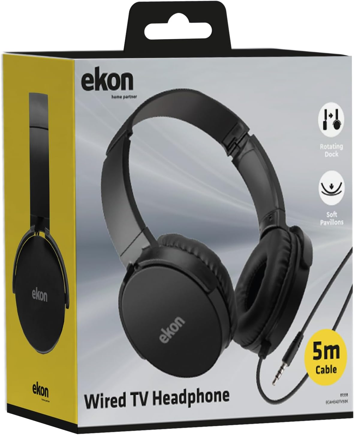 Ekon On-Ear Cable Headphones for TV, AUX Jack 3.5 Mm, 5 Metre Cable, Padded Ear Cups, Adjustable, Black