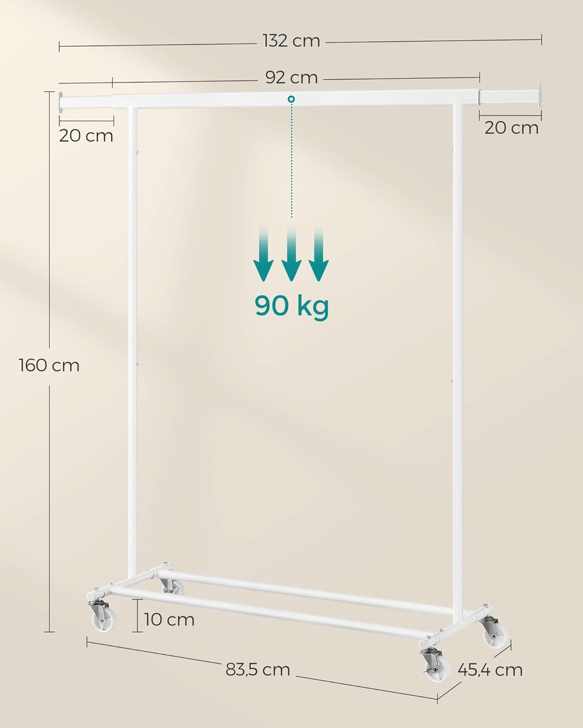 SONGMICS Clothes Rack on Wheels, Heavy Duty Clothes Rail, 45 X (92-132) X 161.5 Cm, with Extendable Hanging Rail, 100 Kg Load Capacity, Easy Assembly, Portable, White HSR013W01