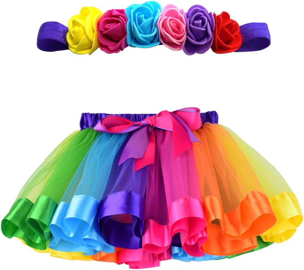 MY-PRETTYGS Toddlers Layered Tulle Rainbow Tutu Skirt with Flower Crown Wreath Headband for Baby Girls 0-24 Months.