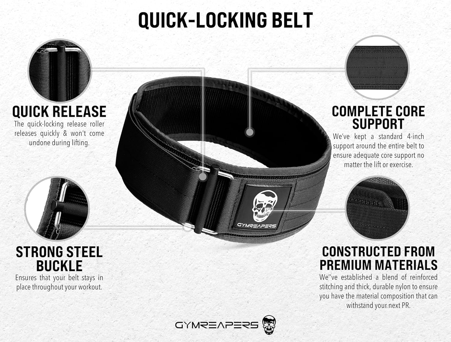 Gymreapers Quick Locking Weightlifting Belt for Bodybuilding, Powerlifting, Cross Training - 4 Inch Neoprene with Metal Buckle - Adjustable Olympic Lifting Back Support image number 3