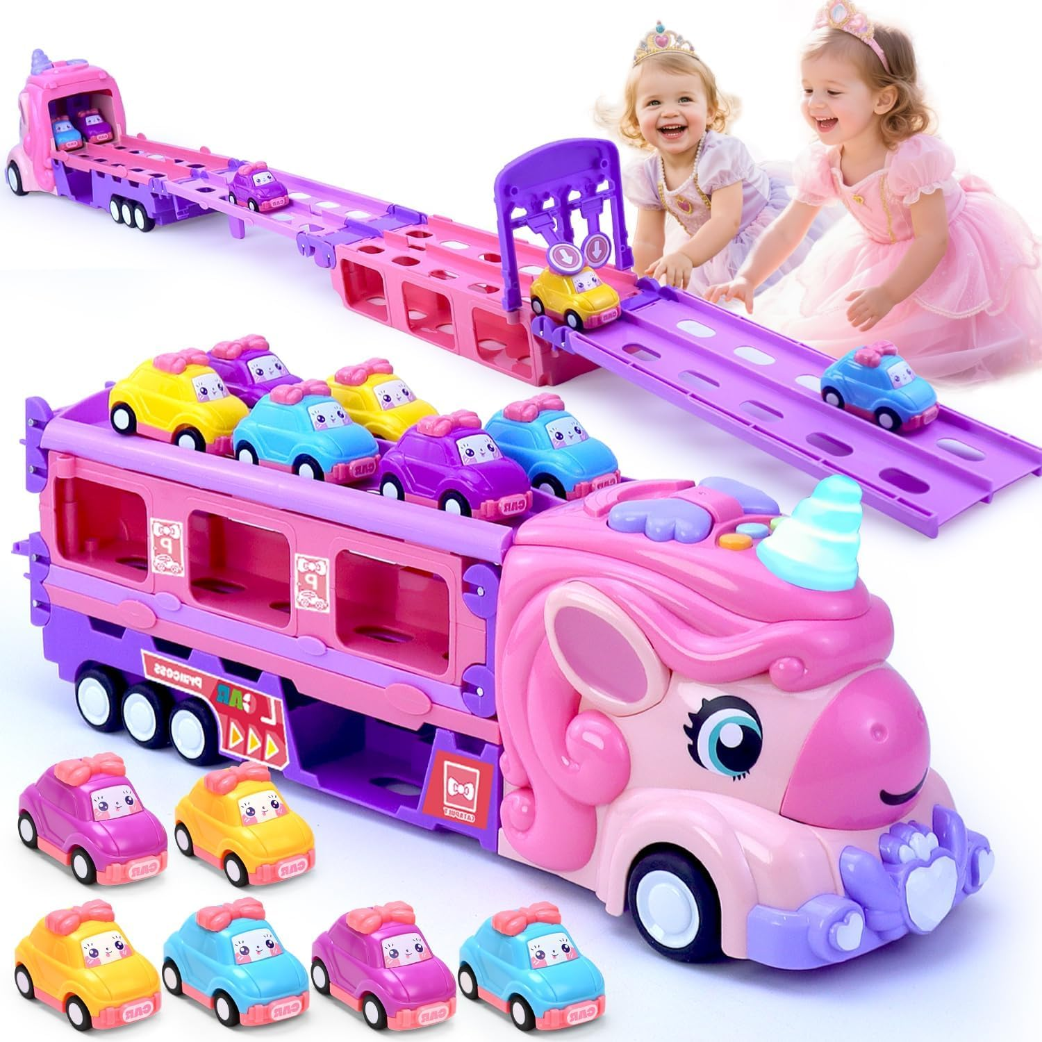 Unicorn Car Toys for 2 3 4 5 6 7 Year Old Toddler Girl, Unicorn Toys Truck & Foldable Race Track W/Light & Sound, Friction Power Toy Cars W/ 9 Princess Cars, Birthday Presents Kids Girls Age 4-6 image number 4