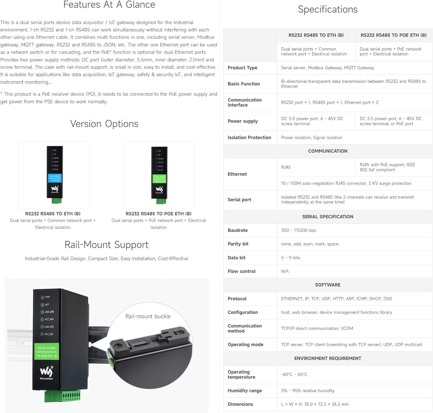 Waveshare RS232 RS485 to RJ45 Ethernet Serial Server Dual Channels Independent Operation Dual Ethernet Ports,Common Network Ports,Modbus Support,Module Bi-Directional Transparent Transmission