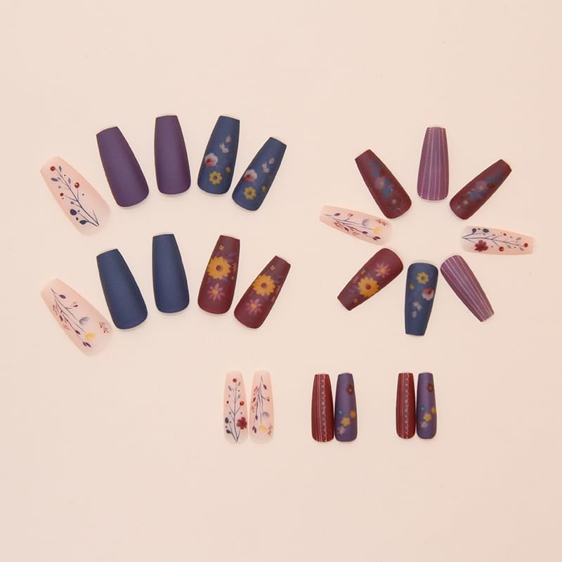 LYMCY Press on Nails French,Vintage Frosted Flower Stripe False Nails, Artificial Nails for Women and Girls -24 Pcs image number 6