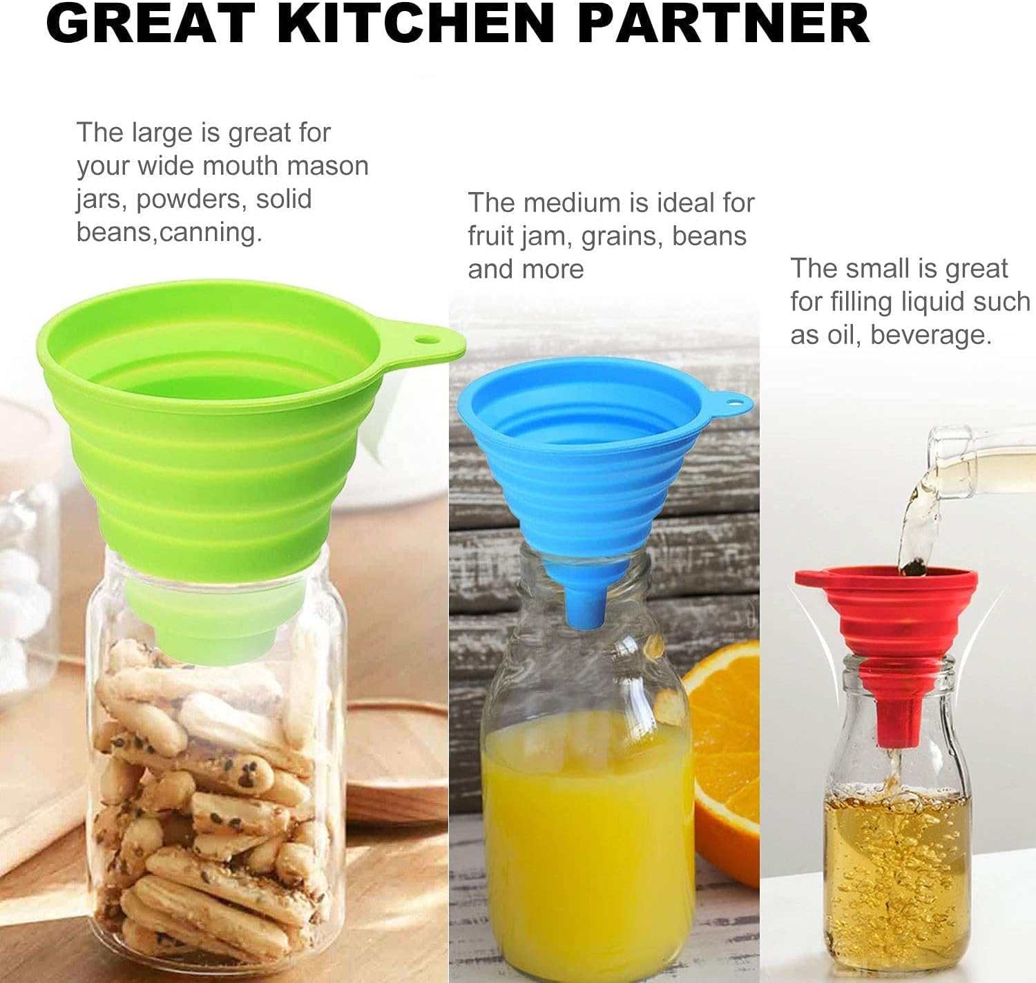 Funnels for Filling Bottles - Kitchen Funnel, Funnels for Kitchen Use, Food Grade Silicone Collapsible Funnel, Liquid, Powder Transfer (3 Pack) image number 2