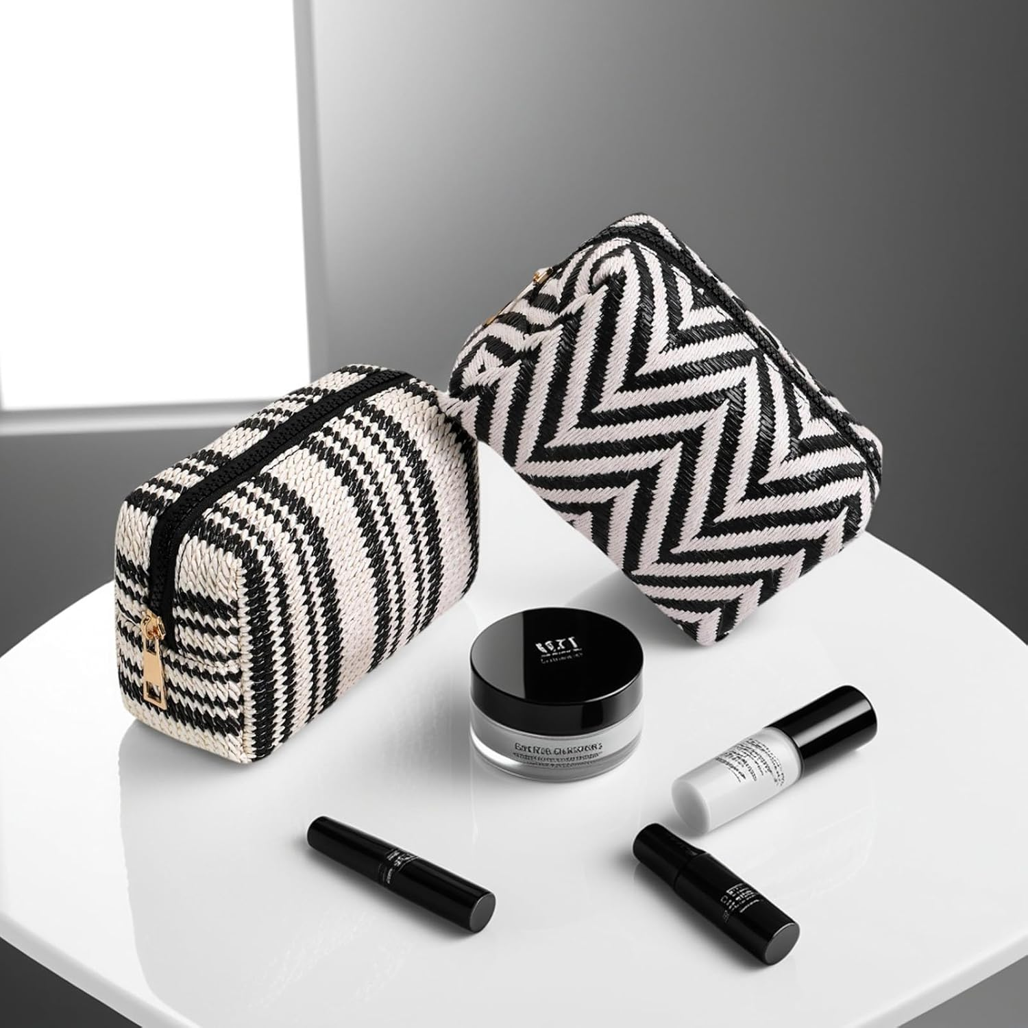 Small Woven Cosmetic Makeup Pouch Bag, Travel Toiletry Bag for Women (Vertical Stripe) image number 5