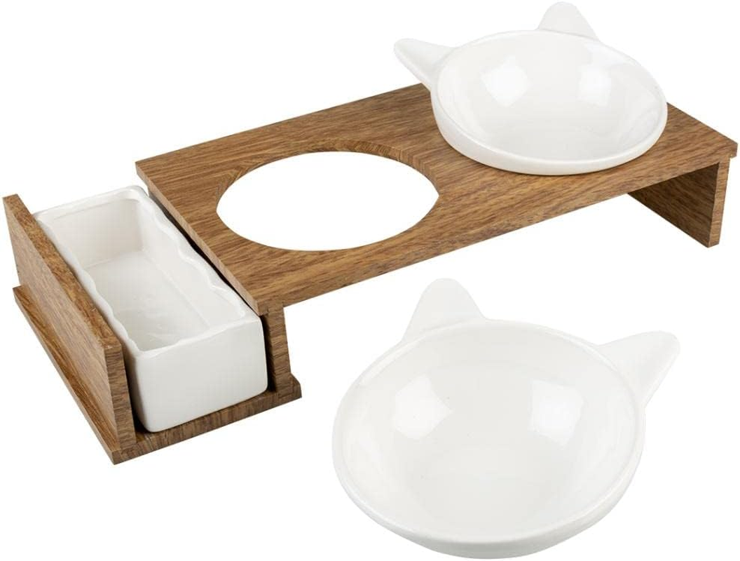 Duvoplus, Set of 3 Ceramic Cat Bowls, Stony up Model, Polywood Stand, 3 Bowls for Eating, Drinking and Catnip, Dishwasher Safe, 250Ml + 350Ml, White image number 2