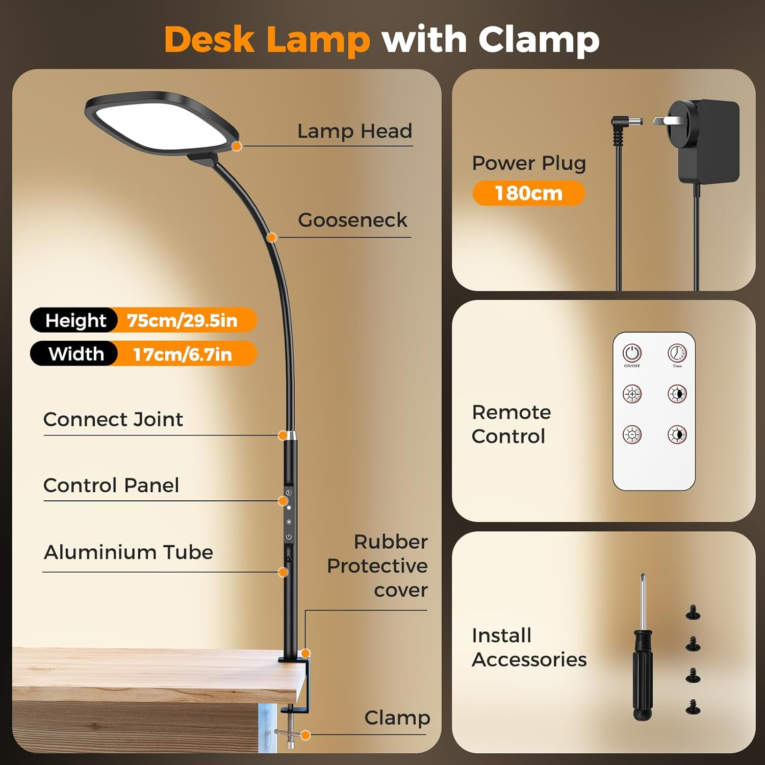Clip on Desk Lamp for Home Office, 5 Color Modes & 5 Brightness, 1H Auto-Off Night Light Lamp, Flexible Gooseneck Book Light with Remote, Eye-Caring Clip on Table Lamp for Monitor, Study, Work image number 1
