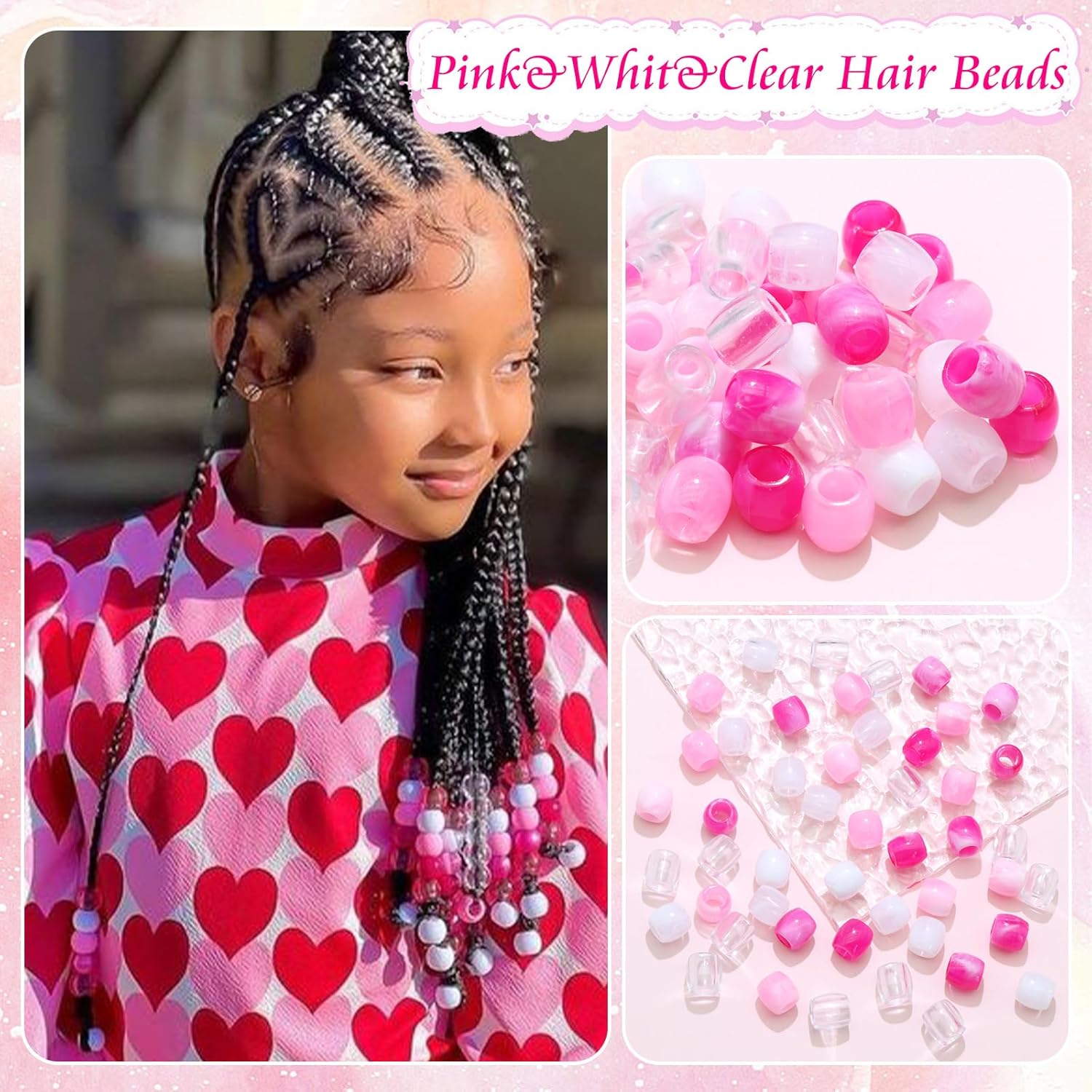 VENOFEN 48 Pink Hair Beads for Dreadlocks, Braids, and Pony Tails - Light Pink, Kids' Girls' Jewelry Making Hair Accessories - Brown image number 6