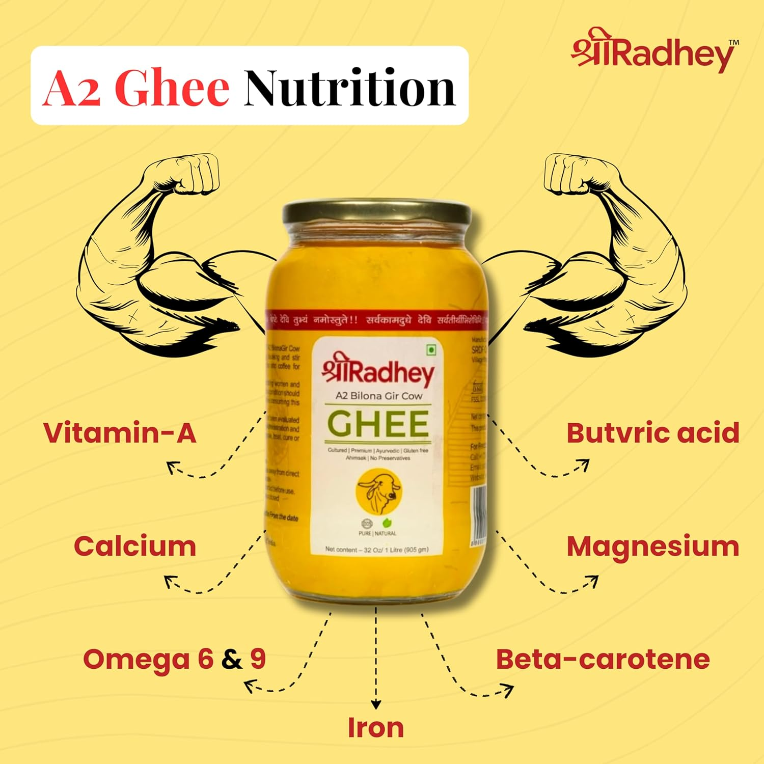 SHREERADHEY A2 Bilona Gir Cow Ghee | 1 Litre X 2 | Glass Bottle | Traditional Bilona Method | Lactose and Gluten Free | Keto Friendly image number 2