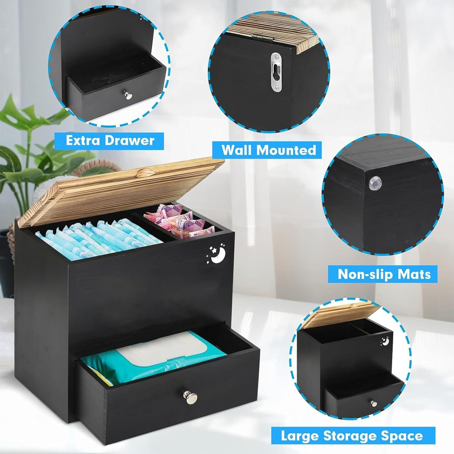 Tampon Holder for Bathroom, Period Box Sanitary Products Organiser with Lid, Wooden Feminine Box with Drawers, for Bathroom Decoration and Storage