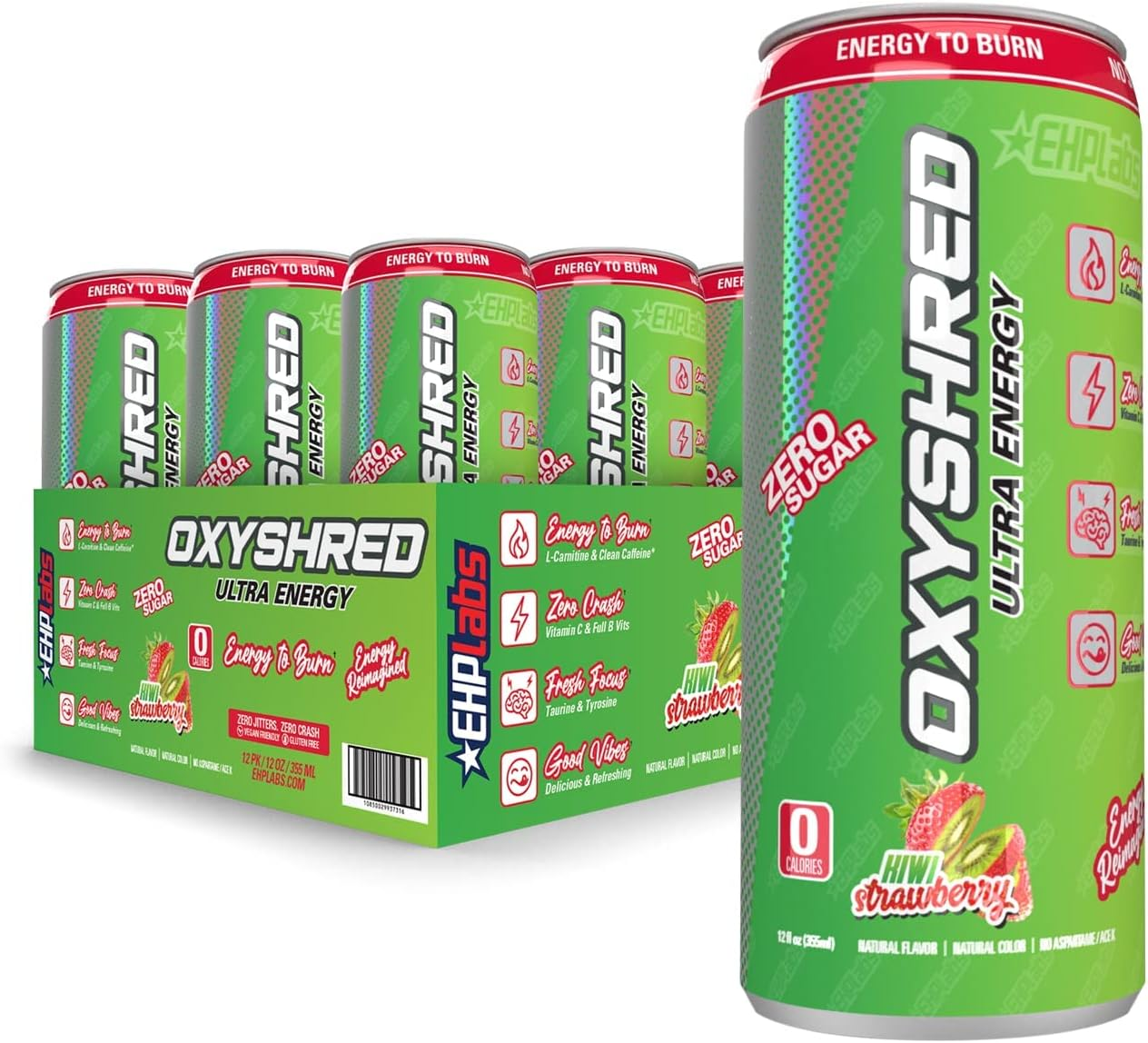 EHP Labs Oxyshred Healthy Energy Drink - Sugar Free Energy Drinks with Amino Acids, Green Tea Extract, Vitamin C & L Carnitine - Carb Free, Calorie Free, Natural Caffeine - Kiwi Strawberry (12-Pack) image number 4