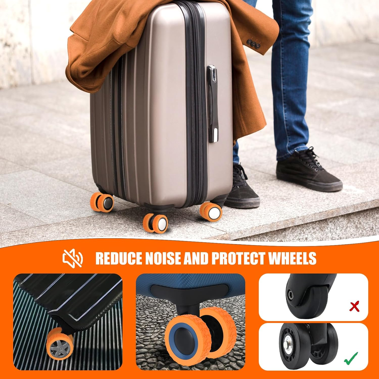 16Pcs Luggage Suitcase Wheel Cover, Carry on Silicone Luggage Wheel Protective Cover, Waterproof Chair Wheels Cover Luggage Caster Cover for 2 Wheels Luggage Suitcase (16PCS, Orange-C) image number 1