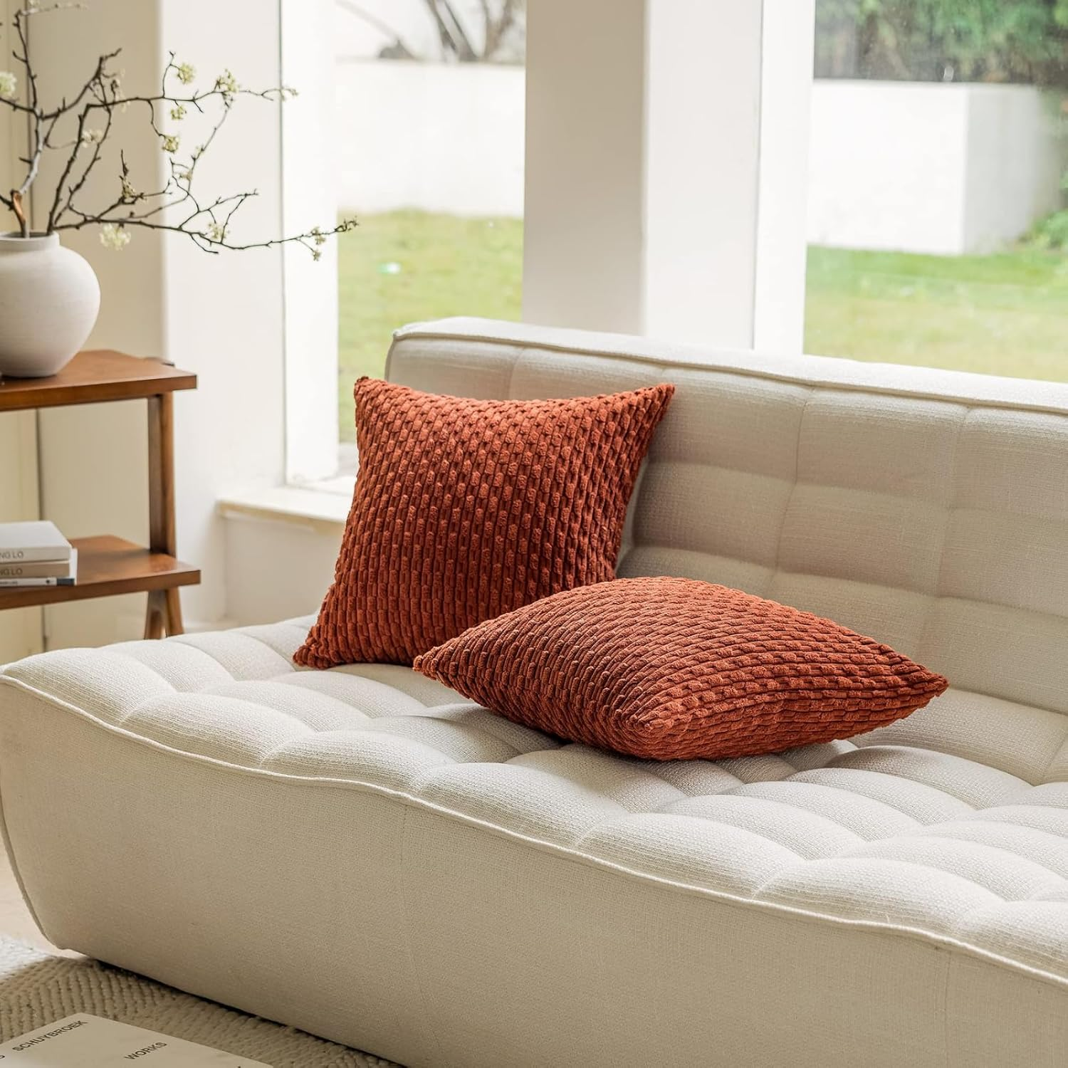 2 Packs Throw Pillow Covers Corduroy, Decorative Lumbar Pillow Covers, JOMWEN Super Soft Boho Striped Cushion Covers for Couch Bed Sofa Livingroom (Rust, 45 X 45 Cm) image number 5