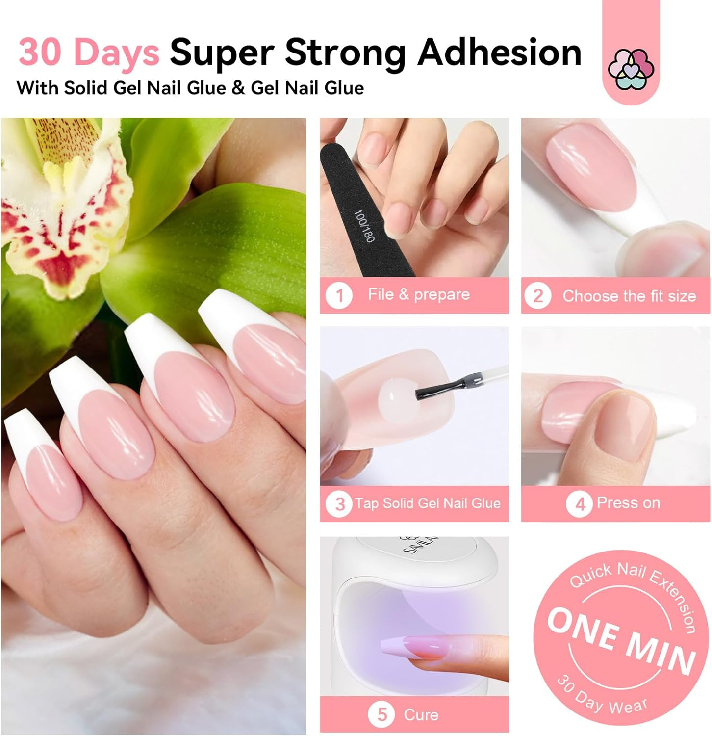 SAVILAND Press on Nails: Everlasting Gels Nail Kit Pink Medium Coffin Nail Tips 256 Pcs Full Cover Soft Gel Fake Nails with Solid Nail Glue Gel U V Lamp Nail Drill French Tip Tool Home DIY image number 5