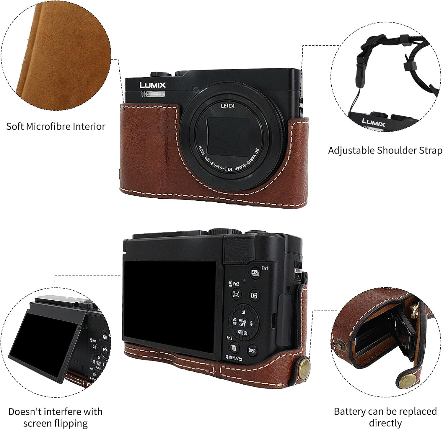 Rieibi TZ99 Camera Case, PU Leather Camera Case for Panasonic Lumix DC-TZ99/ZS99 Digital Camera, Detachable Protective Case with Adjustable Shoulder Strap, Beauty Cover - Green image number 7