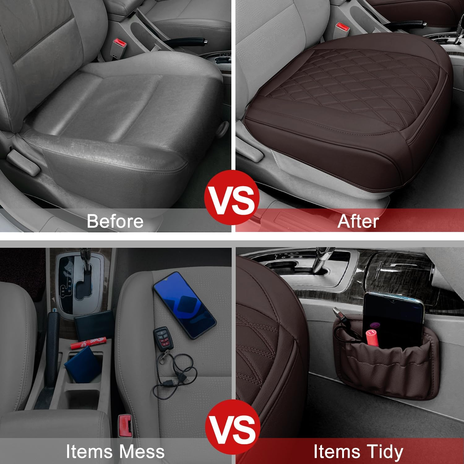 2 Pack Leather Front Car Seat Cover Bottom Car Seat, Anti-Slip and Full Wrap Driver Seat Protectors with Storage Pocket, Luxury Waterproof Bottom Auto Seat Cushion Pad Mat for Most Vehicles(Coffee) image number 5