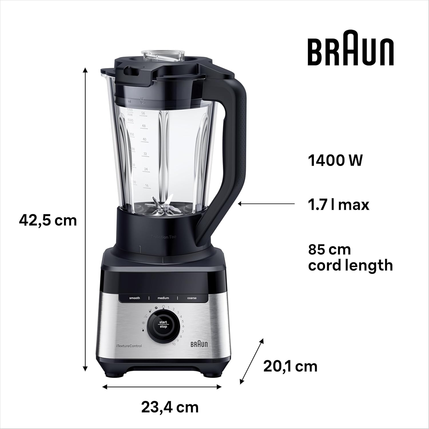 Braun Household Powerblend 7 JB7550BK, Jug Blender with Triangular Glass Jug, 10 Speed + Pulse Function, Precisioncrush Blade, Clean Program, Tamper and 600Ml Bottle Included, 1400W, Black image number 6