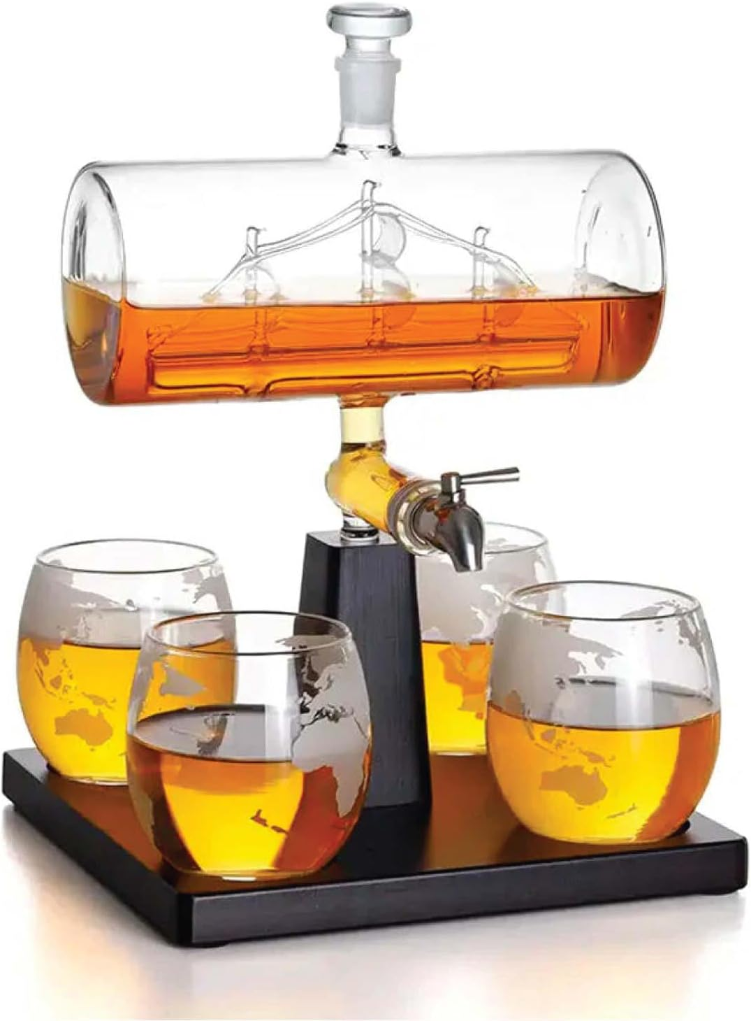 1L Whiskey or Wine Sailboat Glass Decanter Set - 4X Globe Glasses + Wooden Stand image number 4
