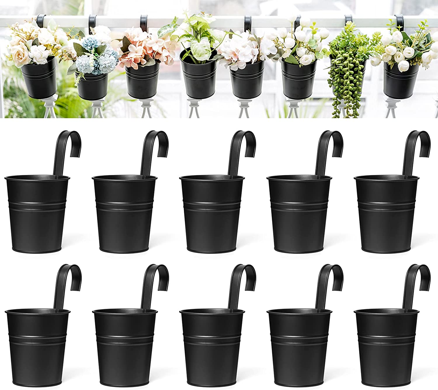 Dahey 10 Pcs Hanging Flower Pots Metal Iron Bucket Planter for Railing Fence Balcony Garden Home Decoration Flower Holders with Detachable Hooks, White, 5 Inches