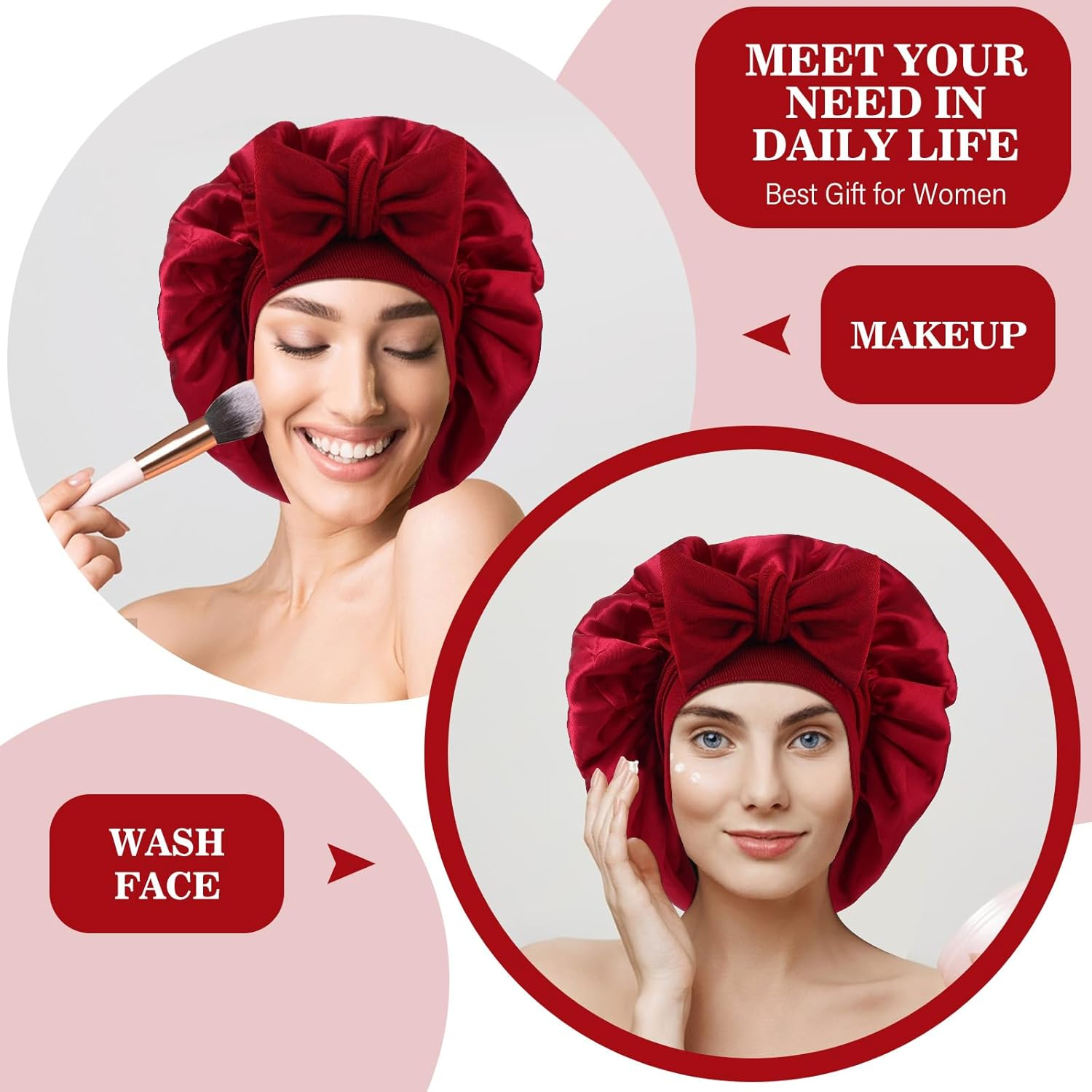 Abeillo Silk Sleep Bonnets for Women, 1PC Adjustable Satin Night Sleeping Cap Soft Elastic Band Silk Bonnets for Sleeping, Hair Bonnet with Tie Band for Curly Hair Braid Women (Wine Red) - Champagne image number 6