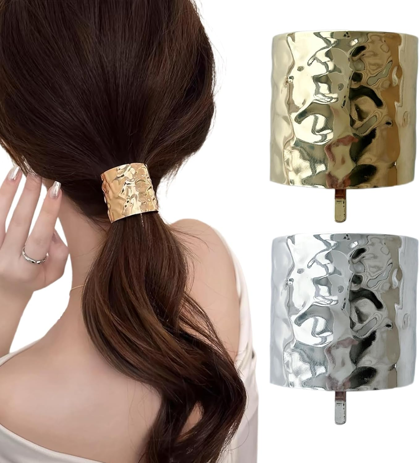 Ypkia Pack of 2 Hair Bands with Metal Buckle Ponytail Holder Cuff Hair Clips Gothic Punk Hair Holder (Gold + Silver) image number 4