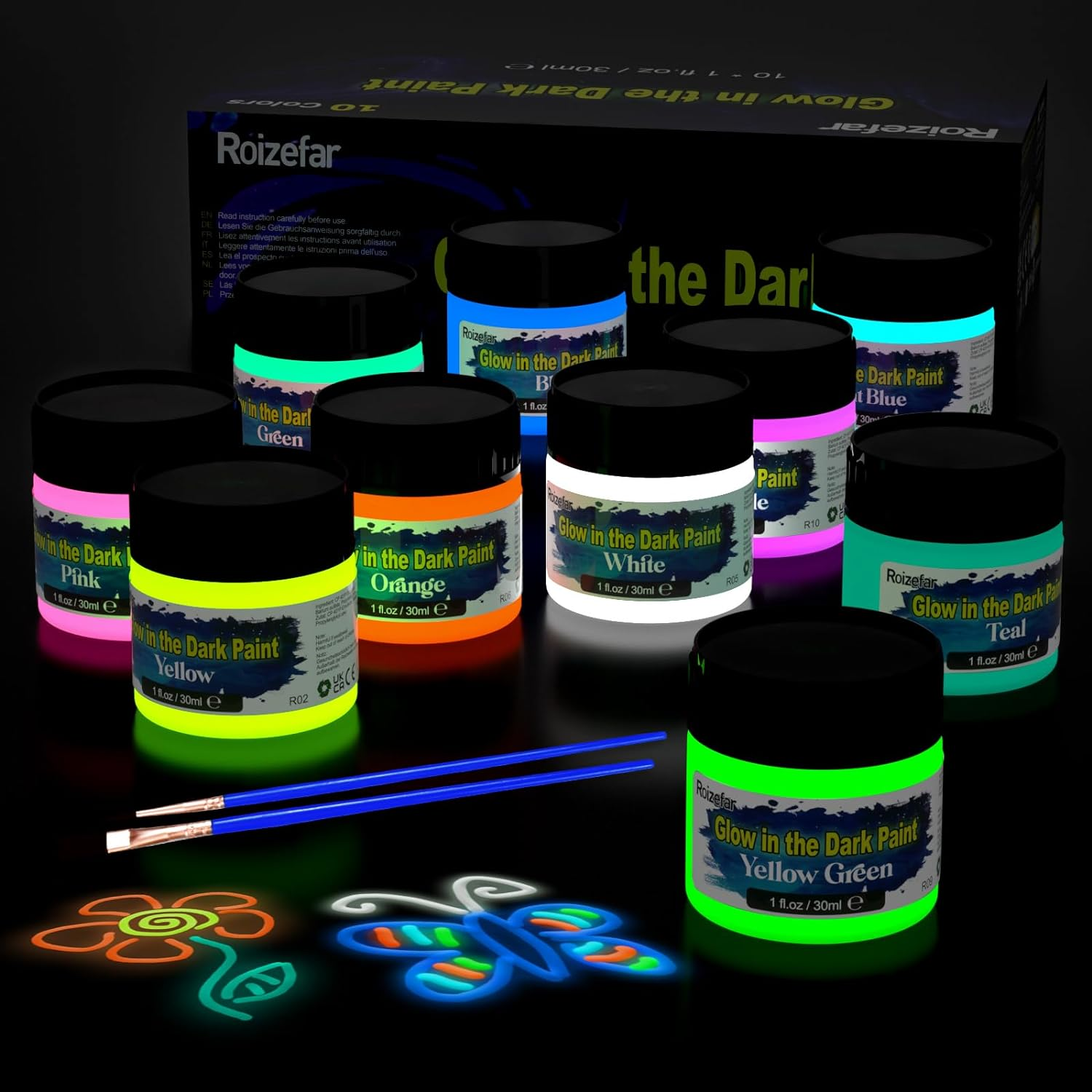 Roizefar Glow in the Dark Acrylic Paint-Set of 10 Colors, Acrylic Textile Fabric Paint (30 Ml/1 Oz), Neon Craft Painting Fabric Paint for Clothes, T-Shirt, Canvas, Ideal for Art Supplies and DIY Decoration