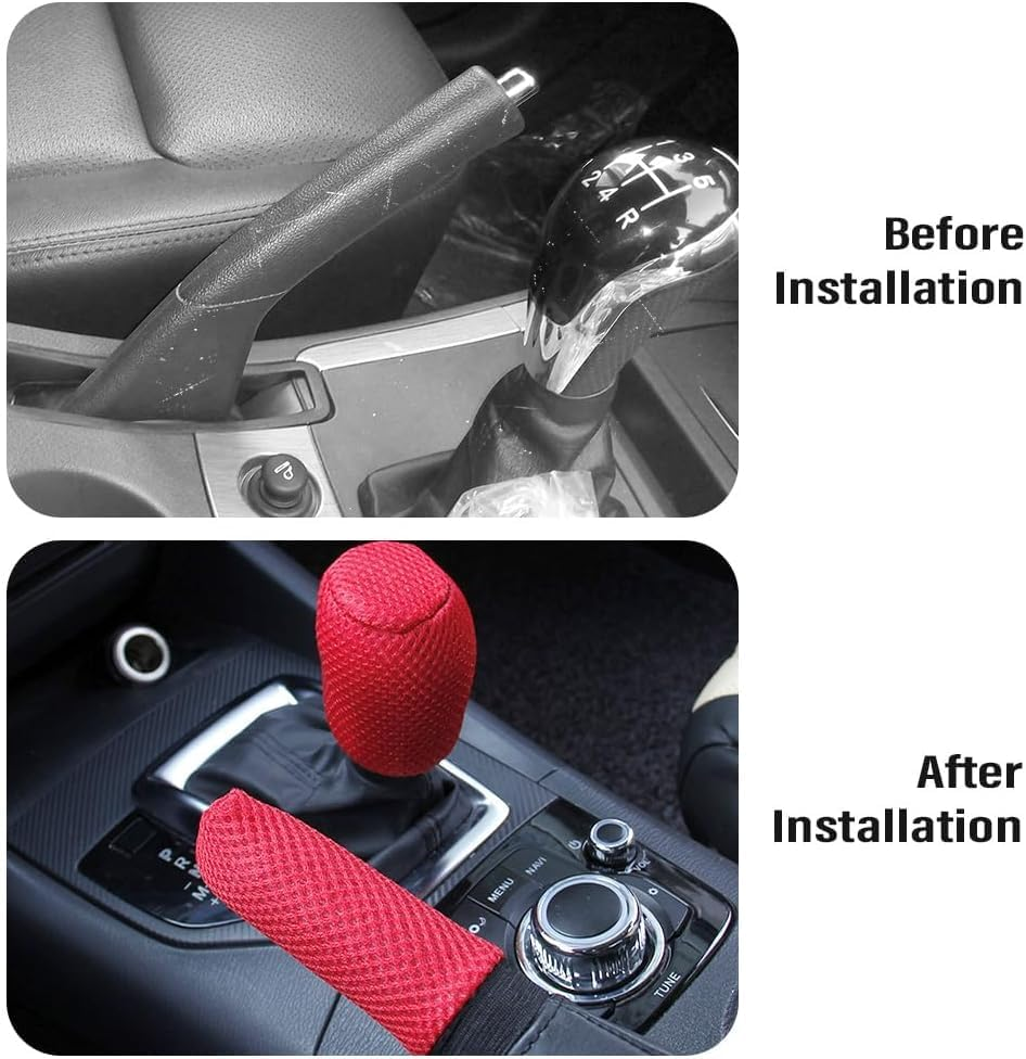 Car Gear Shift Cover + Handbrake Cover,Non-Slip & Breathable Shift Knob Cover Emergency Brake Cover,Universal Car Accessories (Red, One Size) image number 2
