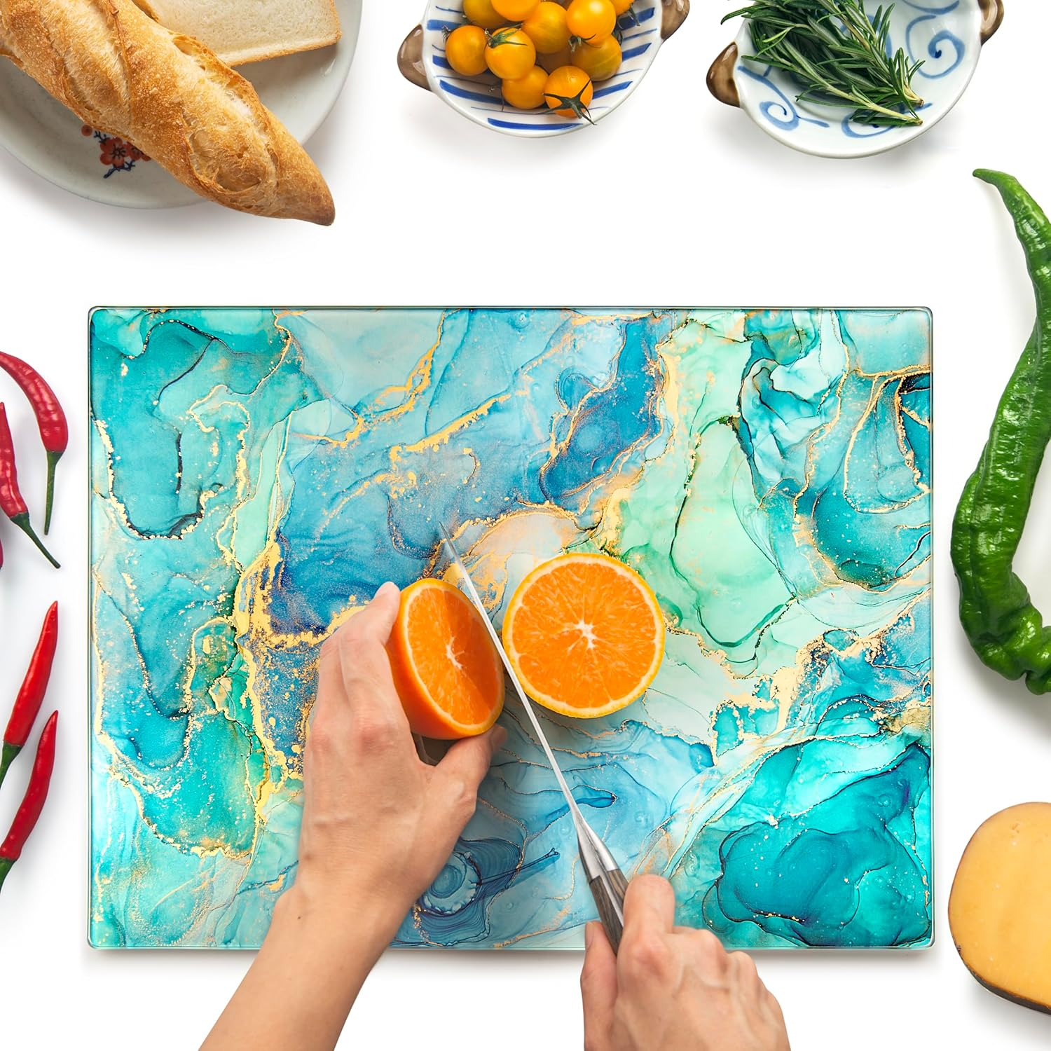 Kitchenville Glass Chopping Board 40X30Cm : Tempered Glass Worktop Savers for Kitchens, Durable, Scratch-Resistant, Heat-Proof - Turquoise Ocean