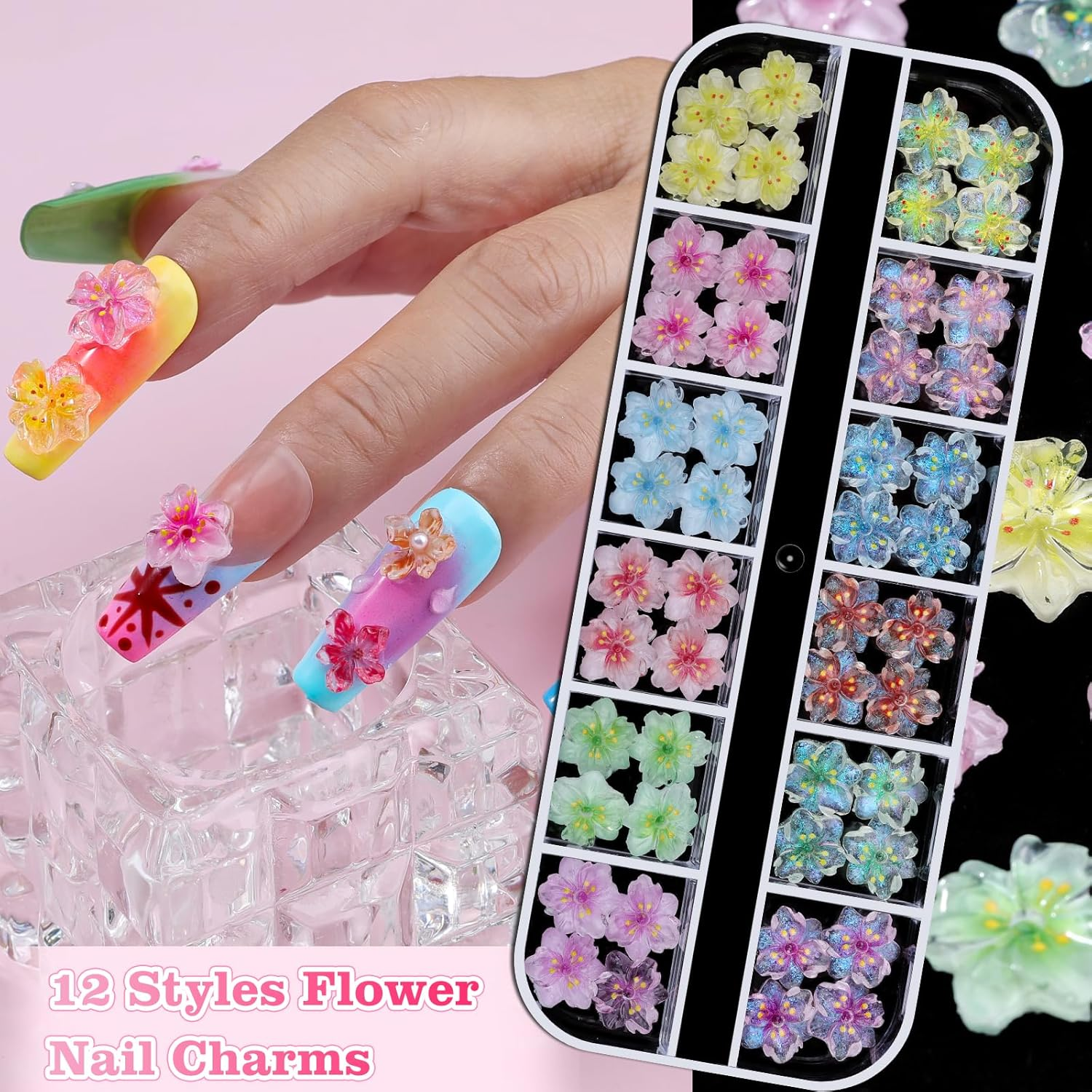 6 Boxes 3D Flower Nail Charms, Colorful Hibiscus Nails Ice Translucent Flower Nail Charms Cute Butterfly Petals Nail Gems with Pickup Tools for Nail Art Manicure DIY image number 2