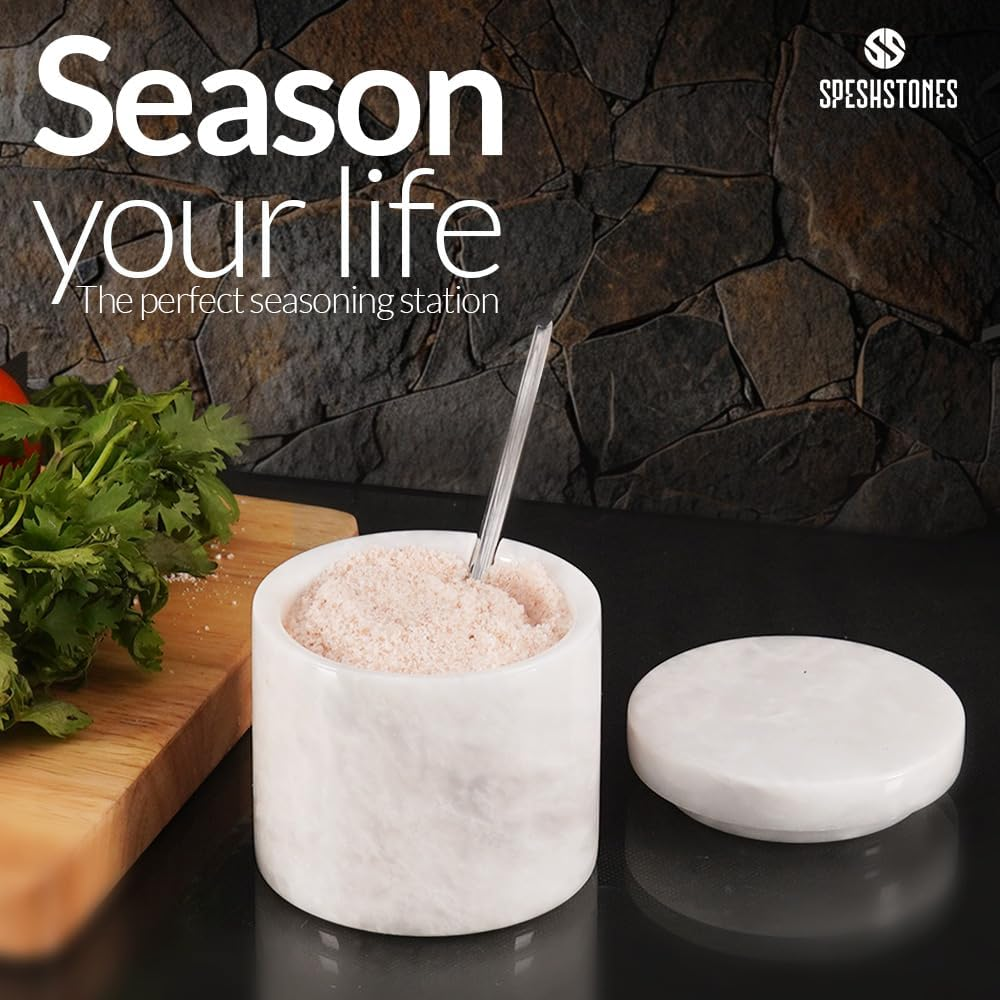 SPESHSTONES Marble Salt Cellar with Lid and Spoon 3'' Inches White Salt Container Handmade Spice Seasoning Containers for Kitchen Storage Accessories - Salt Box & Ideal Sugar Bowl, Flaky Salt Cellar - Oceanic image number 2