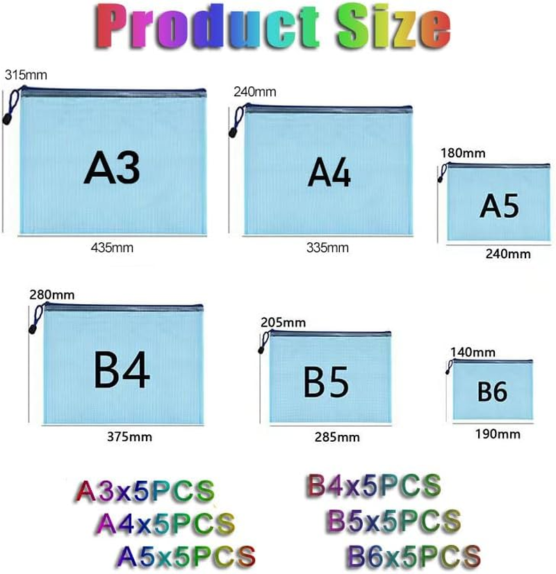 WADY 30 Pack Mesh Zipper Pouch Document Bag, A3 A4 A5 B4 B5 B6Size Waterproof Document Pouch for School Office Supplies, Cross Stitch Organizing Storage A3A4A5 Mesh Zipper Pouch (Mixed Color) image number 6